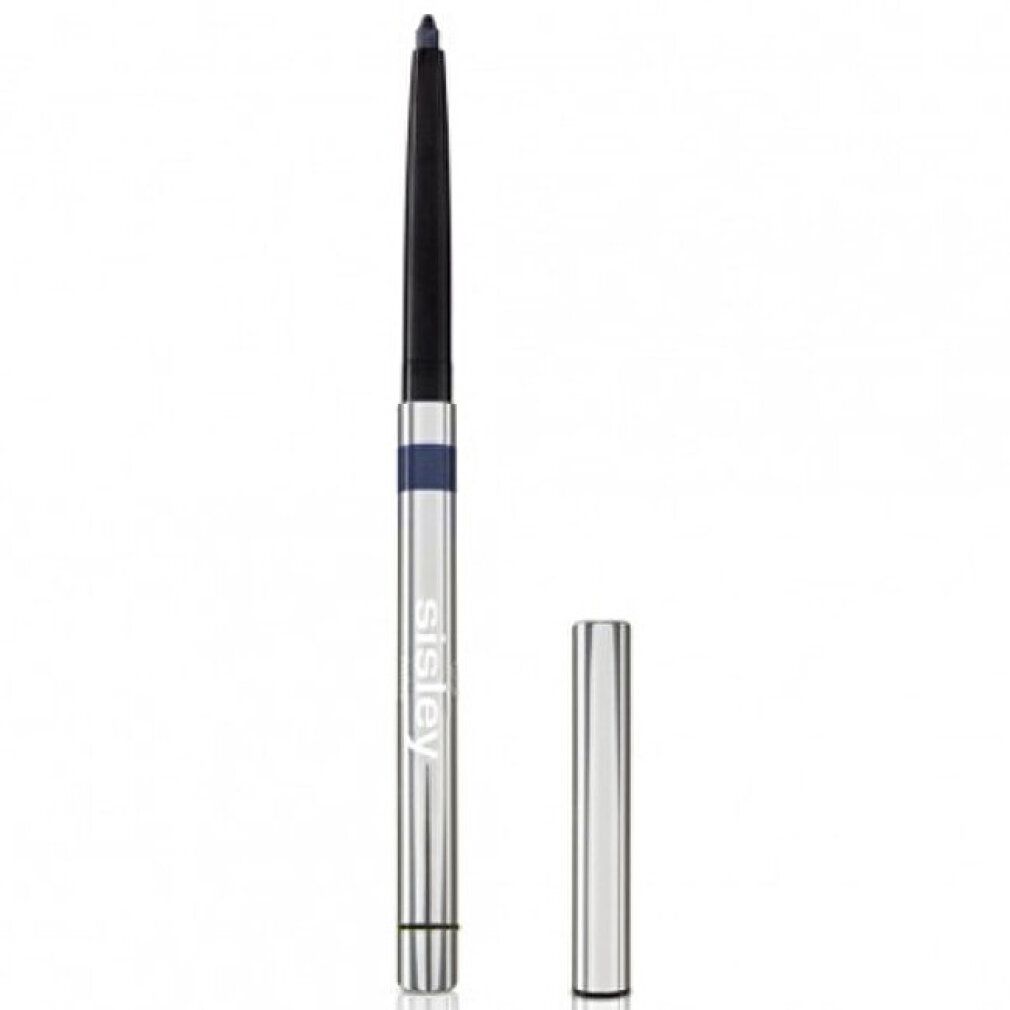 Silberfarbener Kajalstift mit blauer Akzentfarbe und schwarzer Spitze. Marke Sisley. Kappe abgenommen.