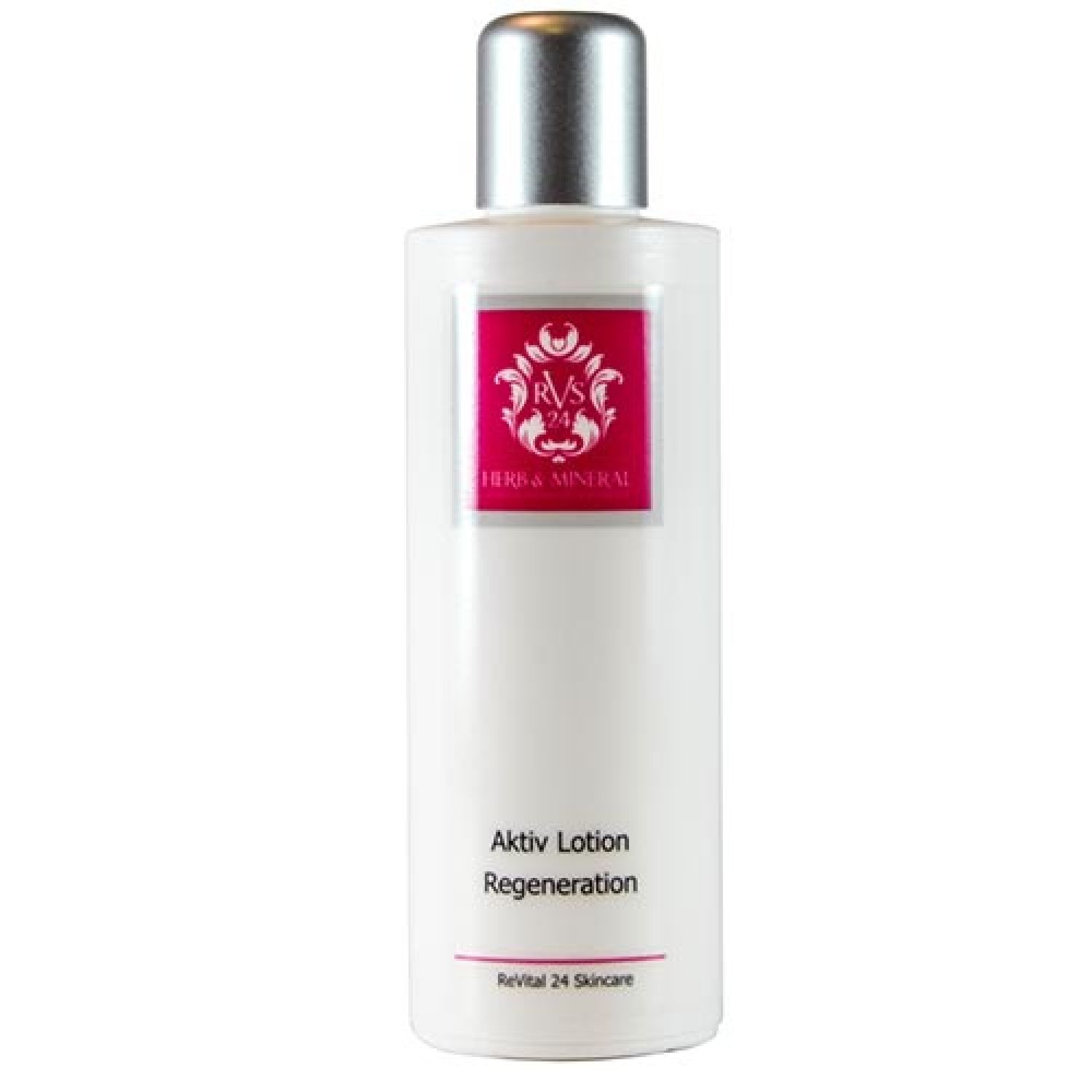 Weiße Flasche mit silbernem Deckel. Aufkleber mit Logo und Text: Aktiv Lotion, Regeneration. Marke: ReVital 24 Skincare.