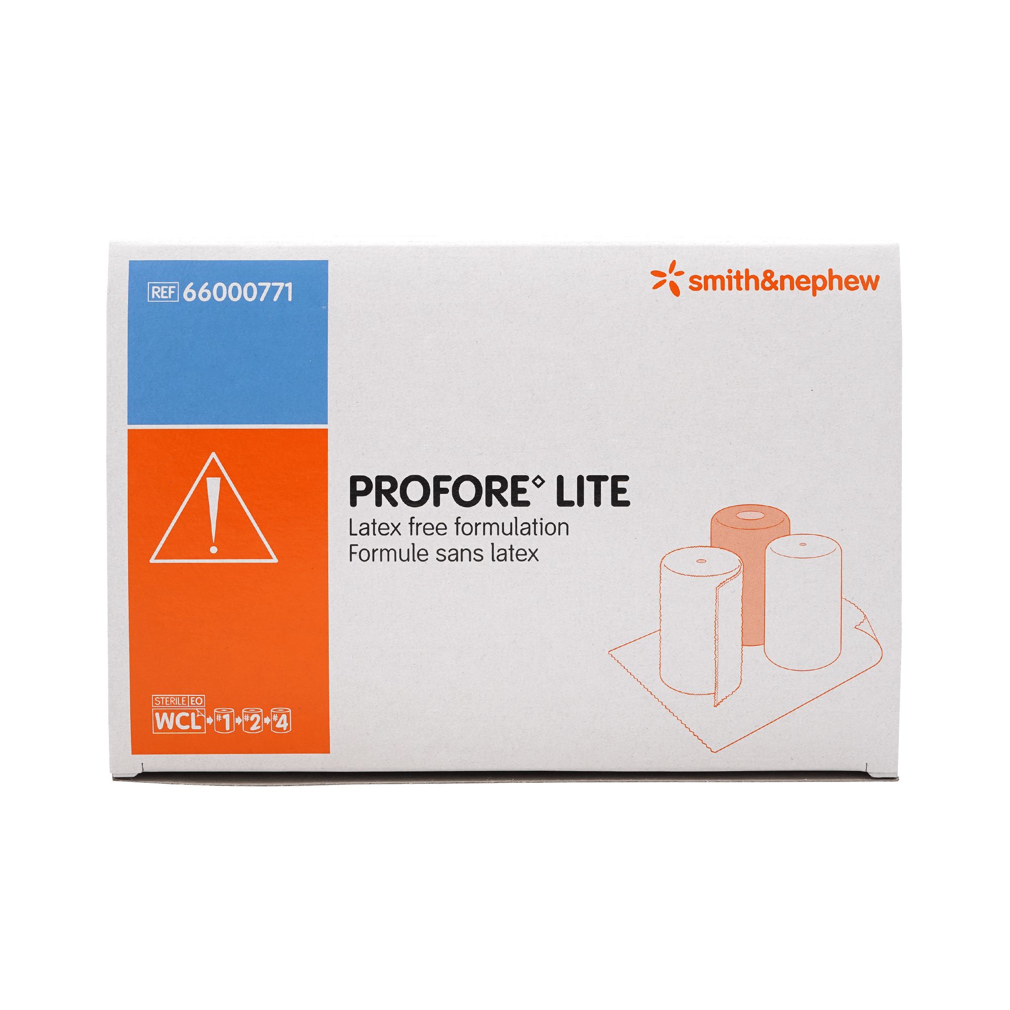 Verpackung von PROFORE LITE. Aufschrift: Latexfreie Formulierung. Marke Smith & Nephew. Abbildung von Bandagen.
