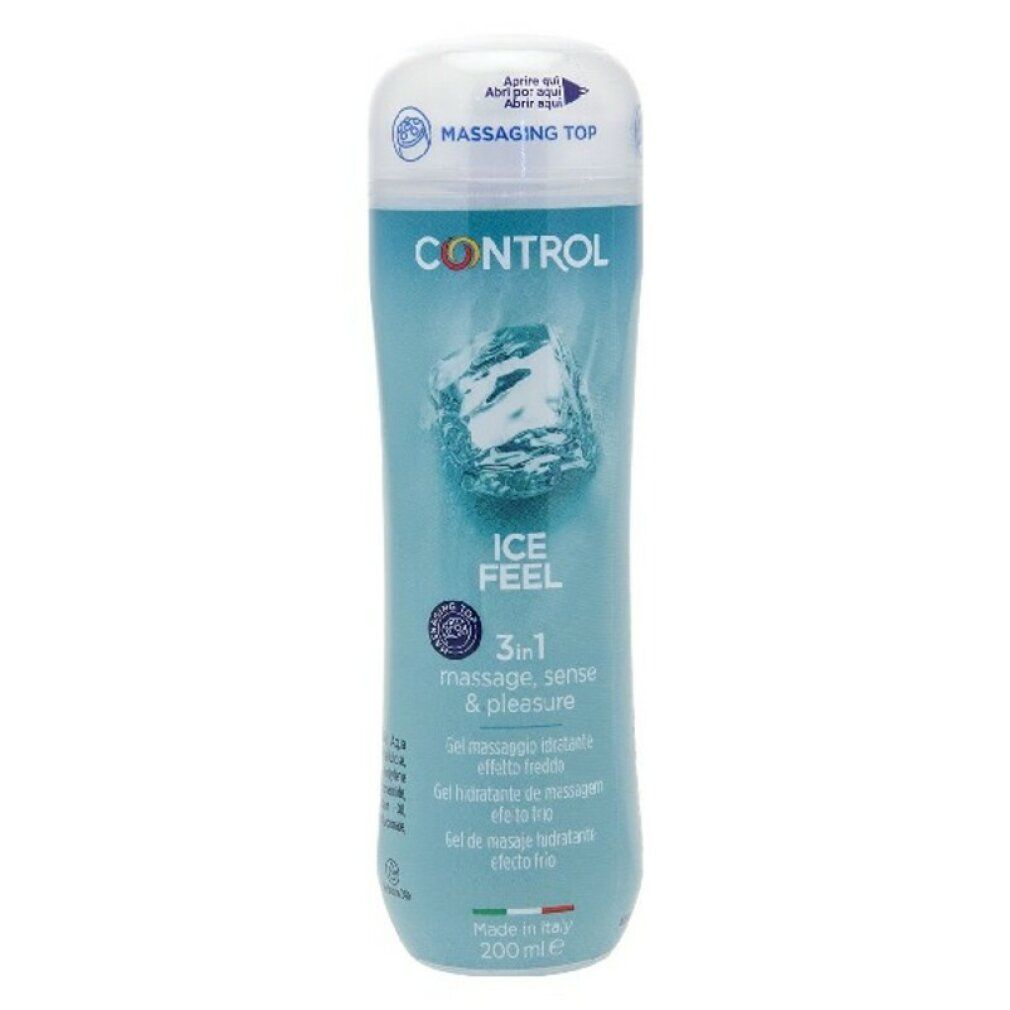 Control Ice Feel Gleitgel Flasche mit Eiskristall-Design und Massagieraufsatz.