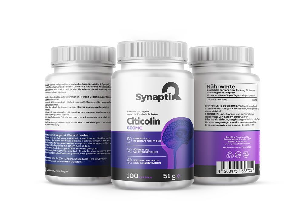 Drei Flaschen, weißer Deckel. Aufschrift: SynaptiQ, Citicolin 500mg. Enthält 100 Kapseln, 51g. Rückseite mit Text.