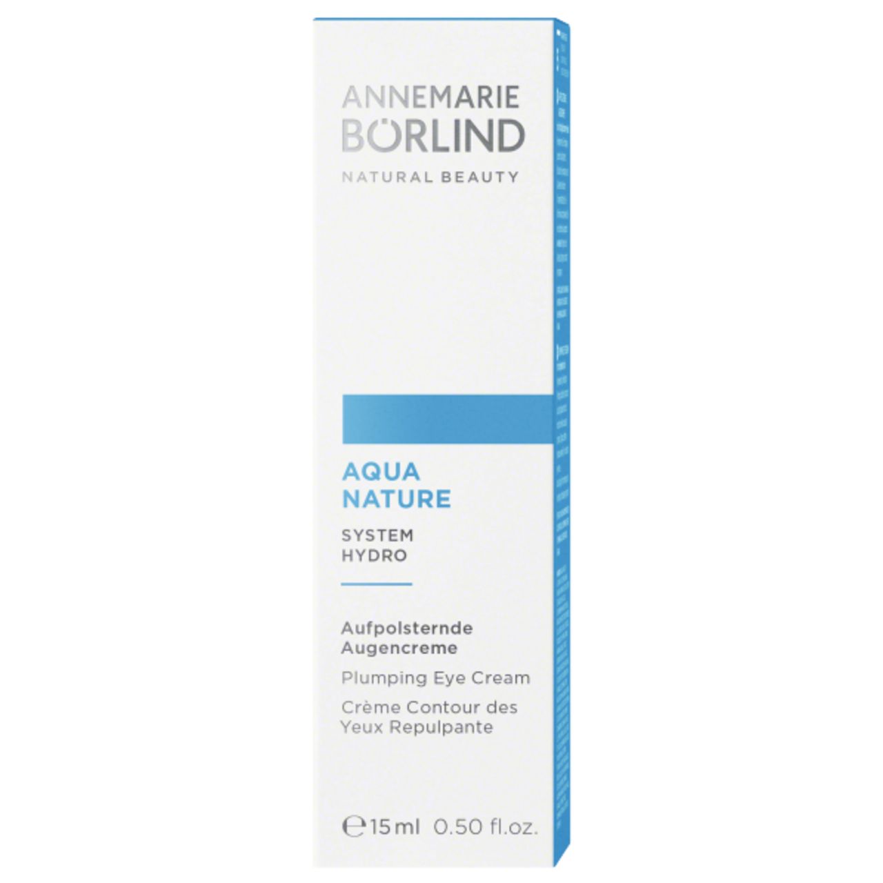 Weiße Verpackung mit blauer Markierung. Aufschrift: ANNEMARIE BÖRLIND, AQUA NATURE, SYSTEM HYDRO, Augencreme, 15ml.