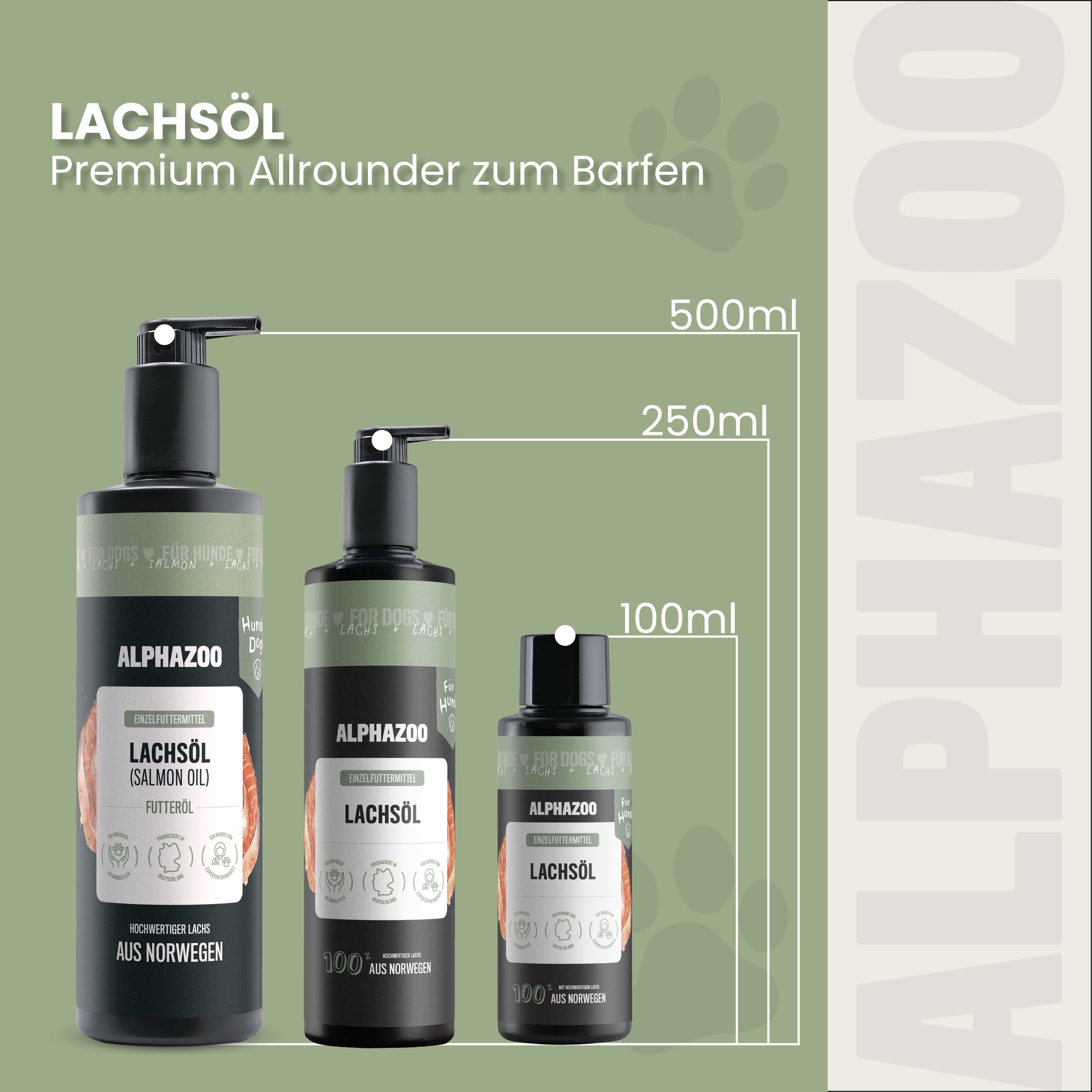 Drei Flaschen Lachsöl in verschiedenen Größen: 500ml, 250ml, 100ml. Text: Lachsöl, Premium Allrounder zum Barfen.