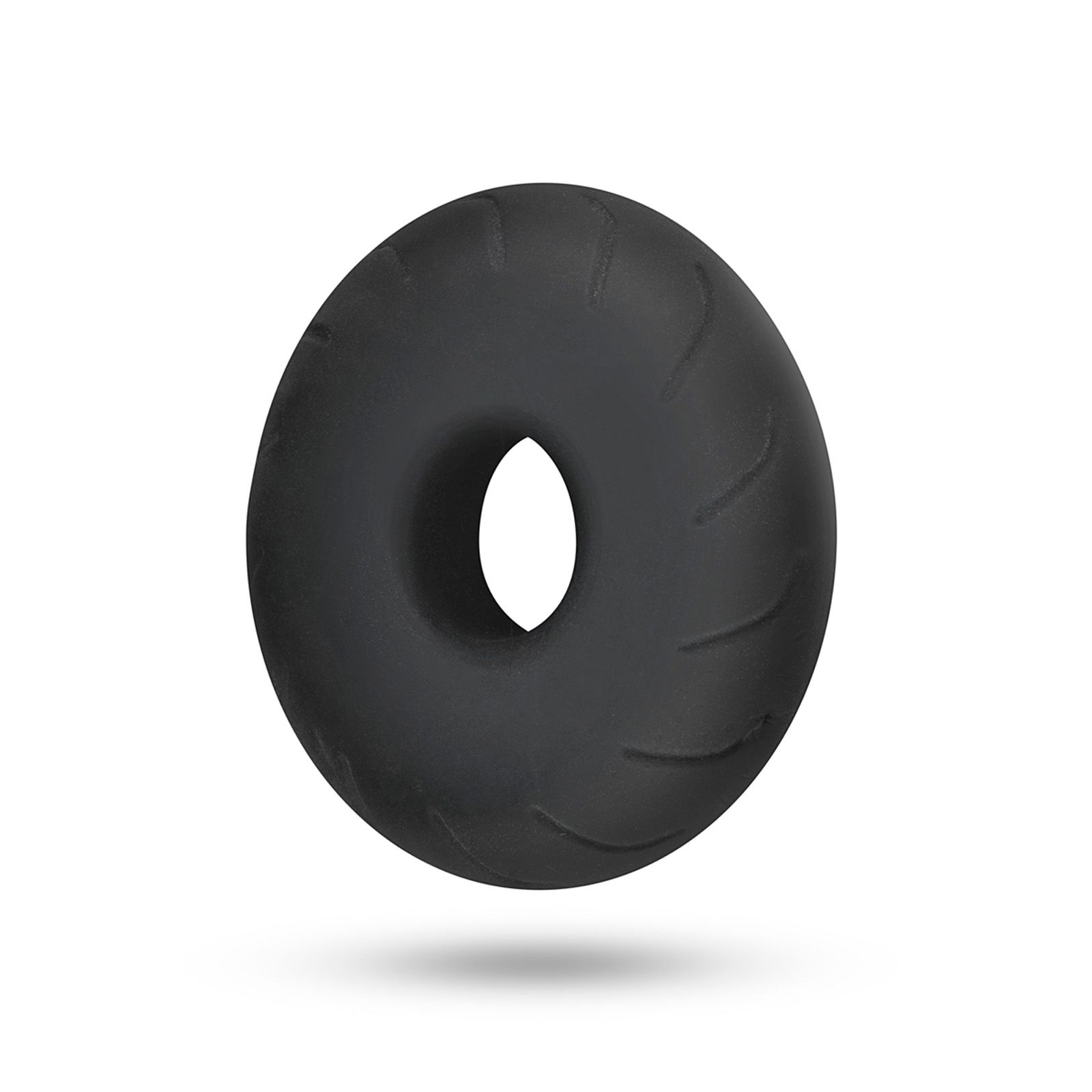 Schwarzer Ring mit geriffelter Oberfläche und einem Loch in der Mitte.