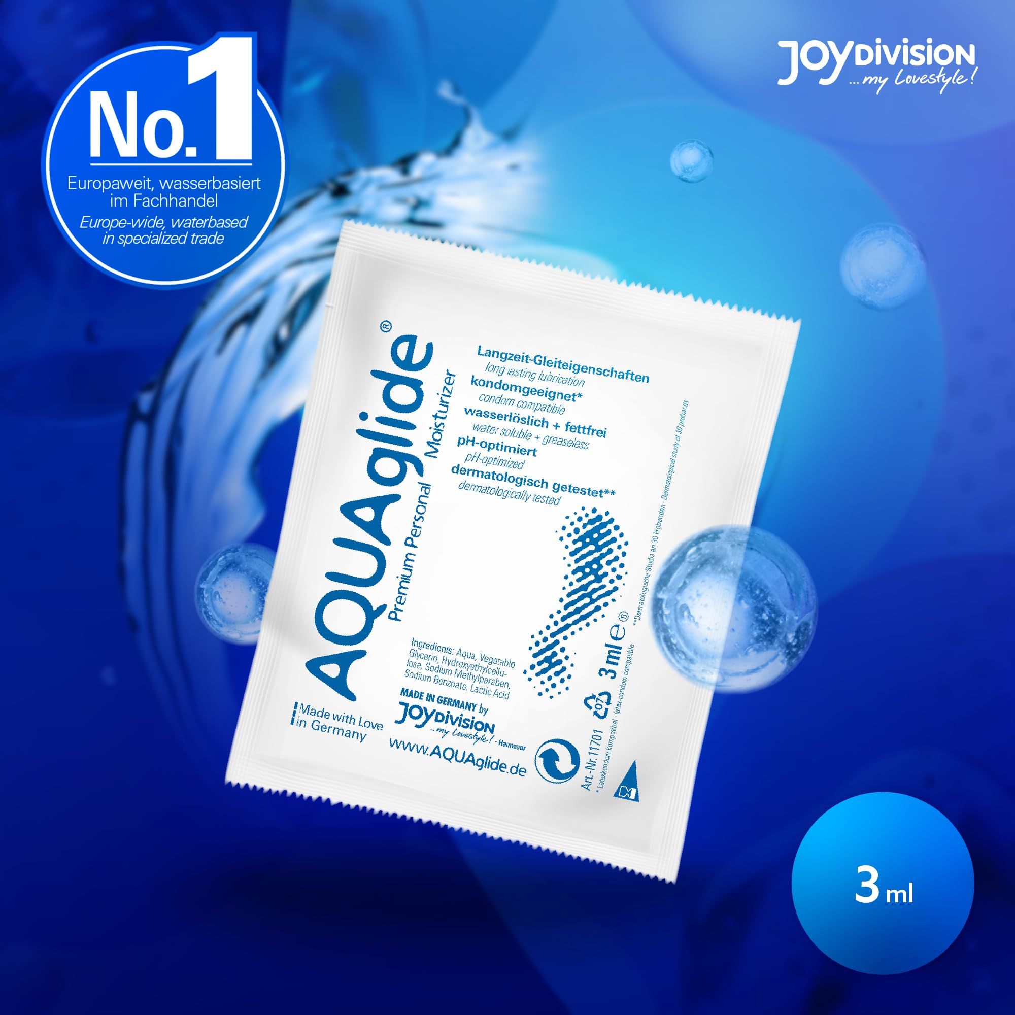 Joydivision AQUAglide Premium Gleitgel Einzelbeutel, 3ml, mit Wasser-Splash-Design.