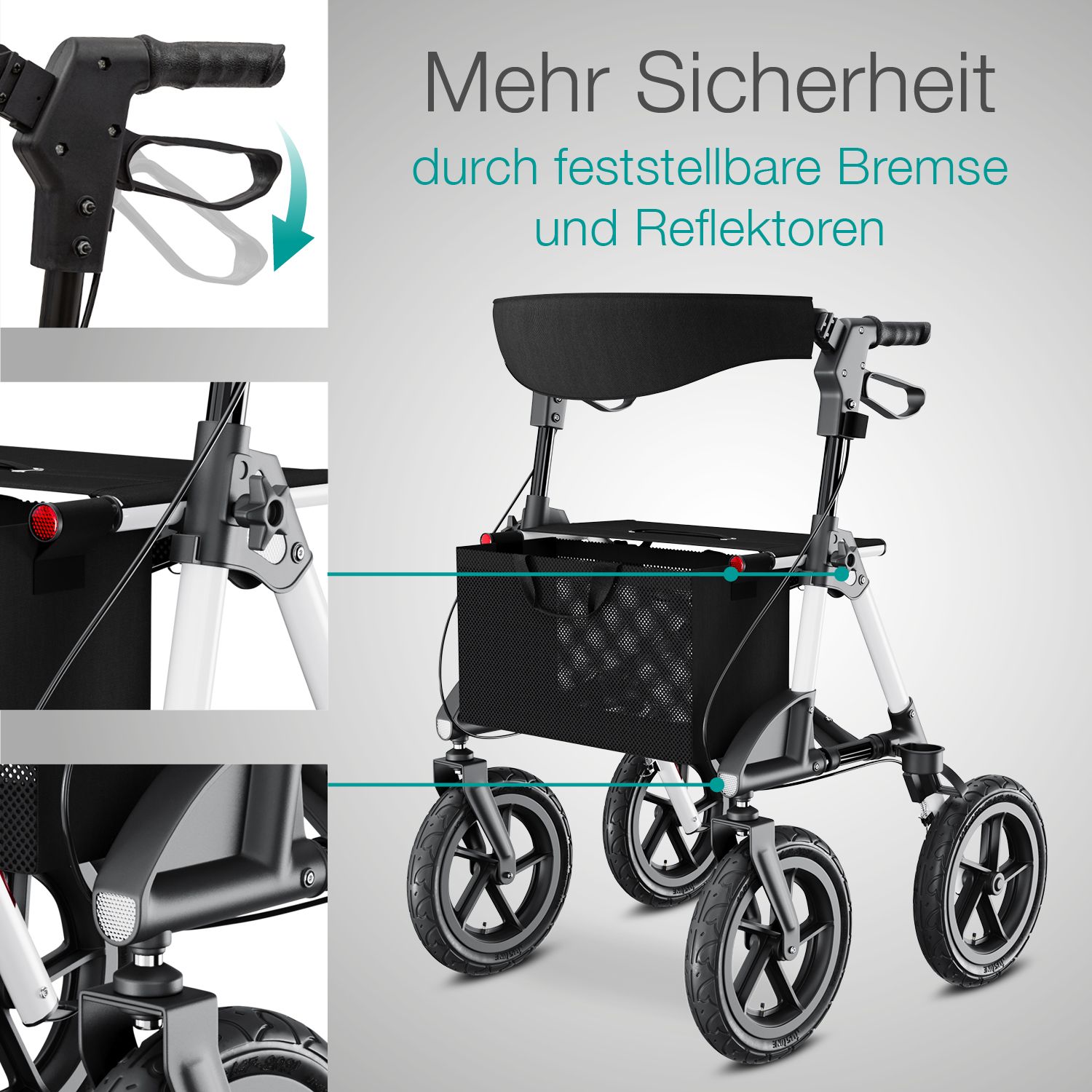 ELONEO Rollator mit Luftbereifung inkl. Sitzfläche, Rückengurt inkl. Tasche & Stockhalter