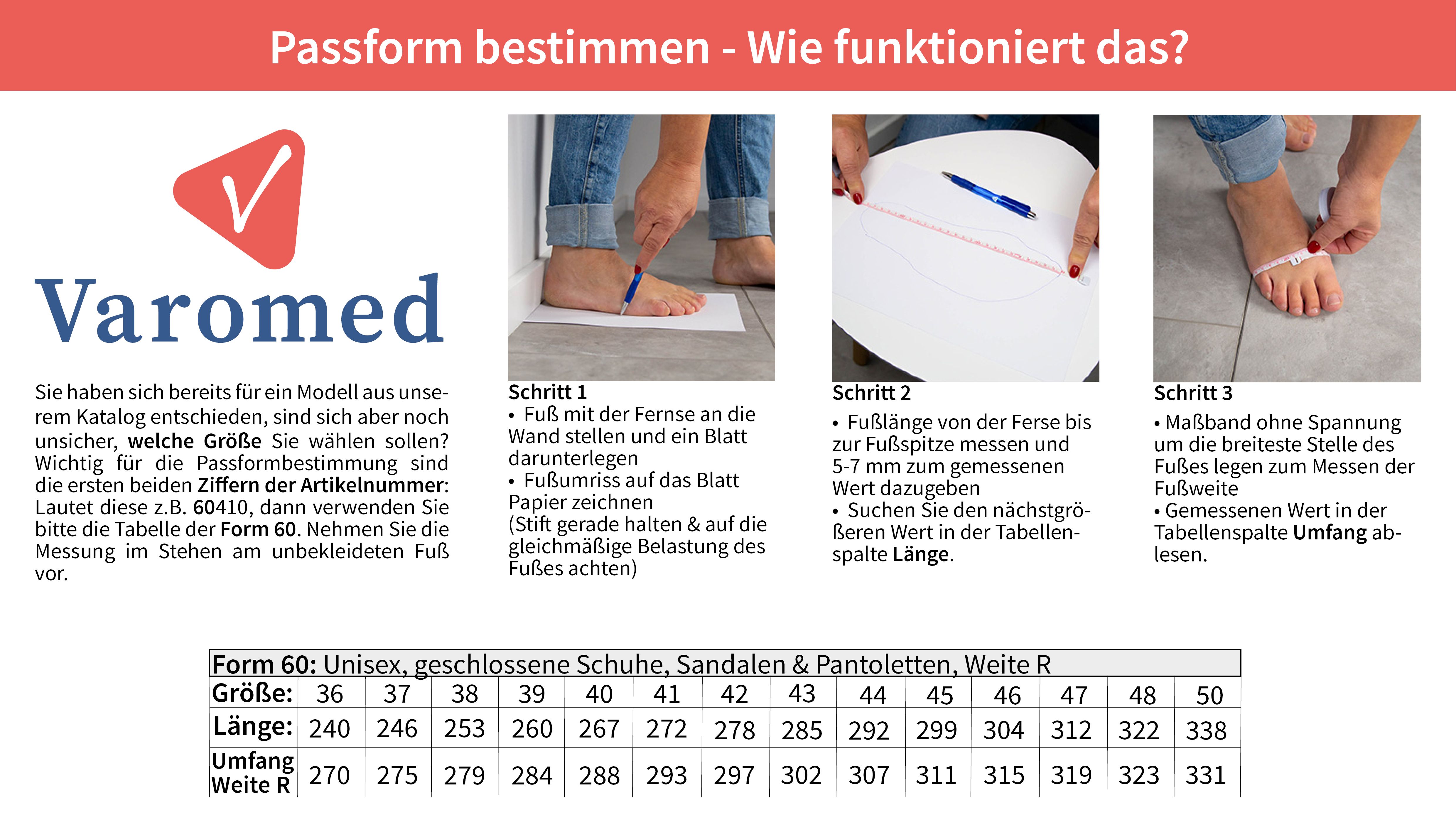 Anleitung zur Fußvermessung für Schuhe, mit Schritten und Größentabelle.
