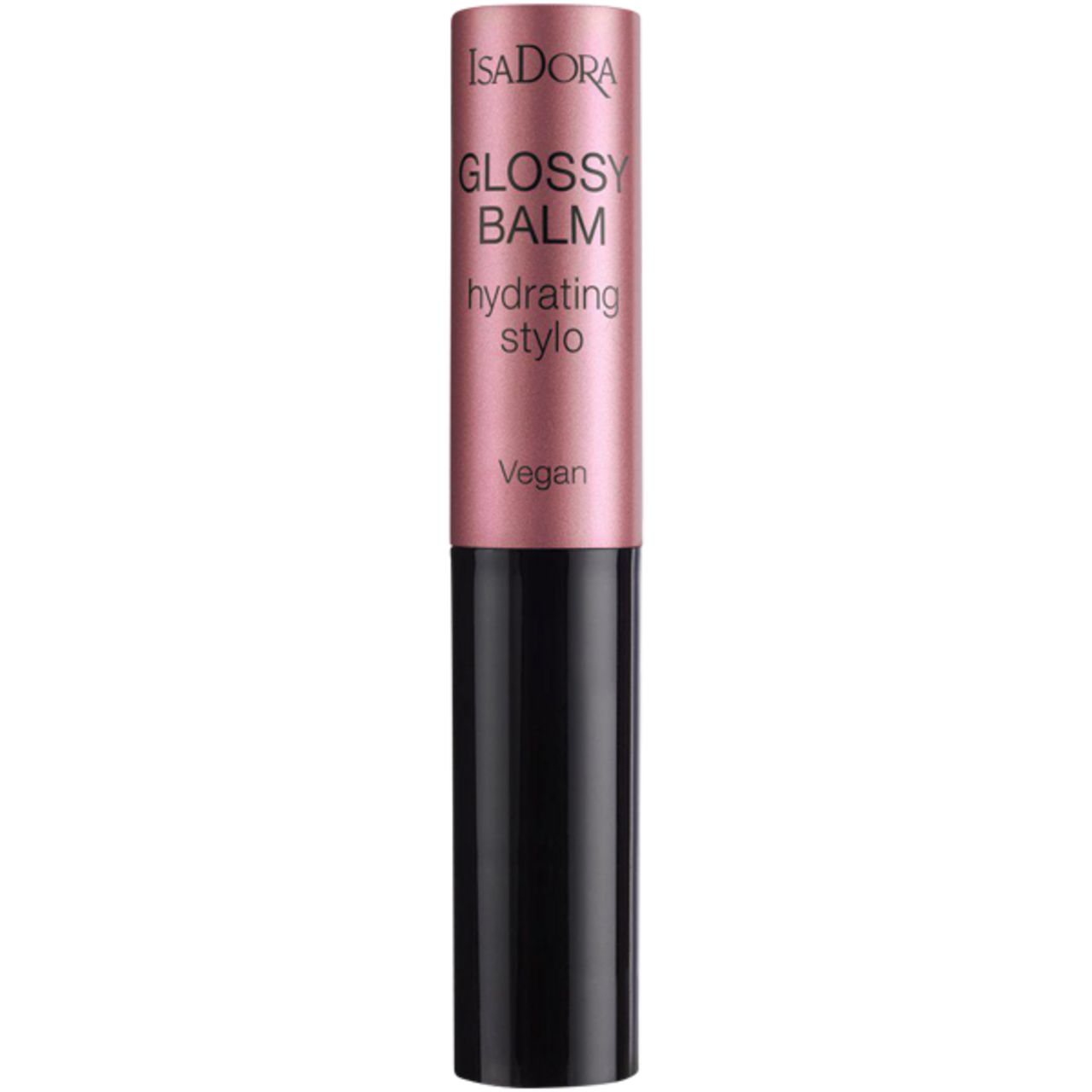 IsaDora Glossy Balm Hydrating Stylo. Rosa-farbener Stift mit schwarzem Boden. Text: Glossy Balm, hydrating stylo, Vegan.