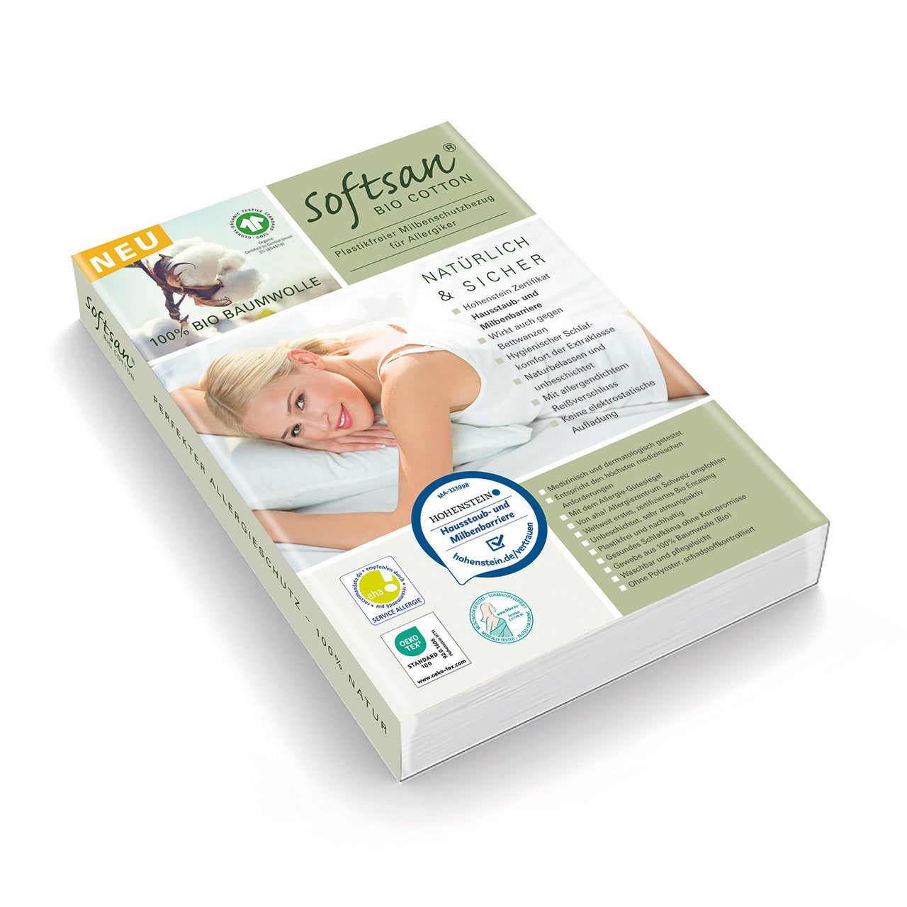 Produktverpackung. Weißes Cover mit Frau, Produktname, Logos und Text. Grün-weiße Farbkombination.