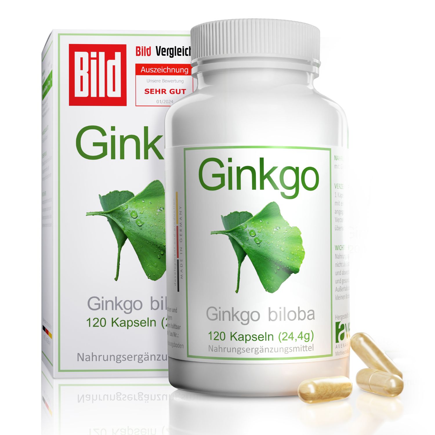 Weiße Flasche mit Ginkgo biloba Kapseln. Grüne Etiketten mit Blattmotiv. Karton mit Produktinformationen und Auszeichnung.