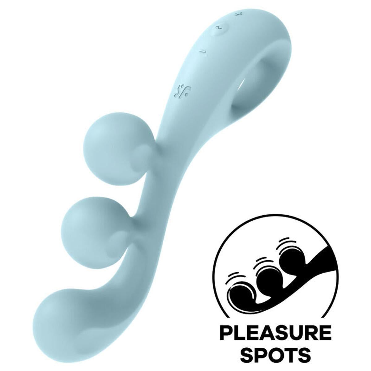 Hellblaues Wellness-Produkt mit drei Kugeln und einem Ring. Logo und 'Pleasure Spots' Grafik.