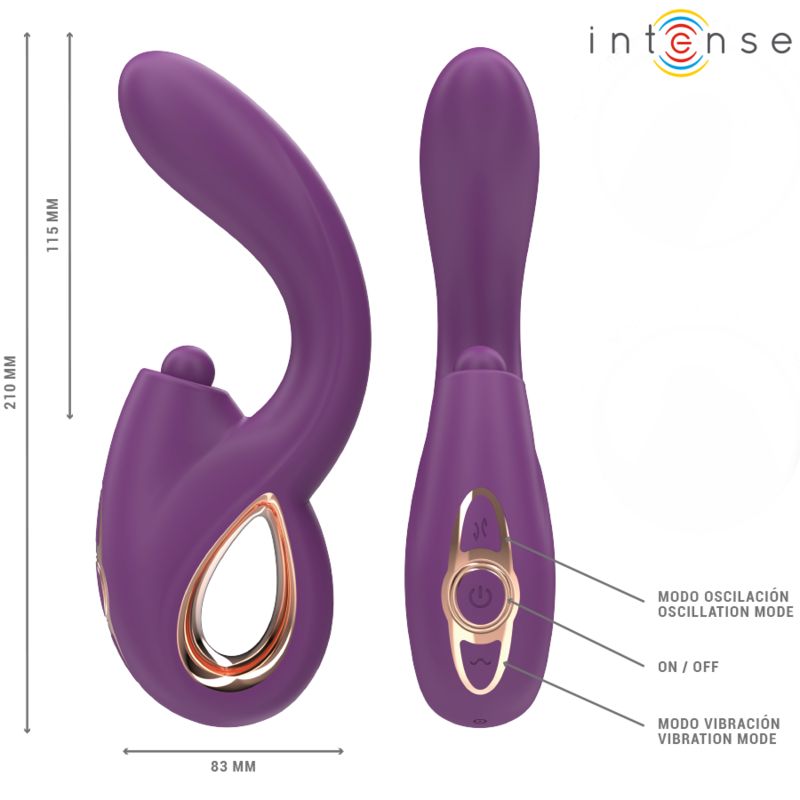 Lila Vibrator mit Maßen. 210mm hoch, 83mm breit. Marke: Intense. G-Punkt-Vibrator.