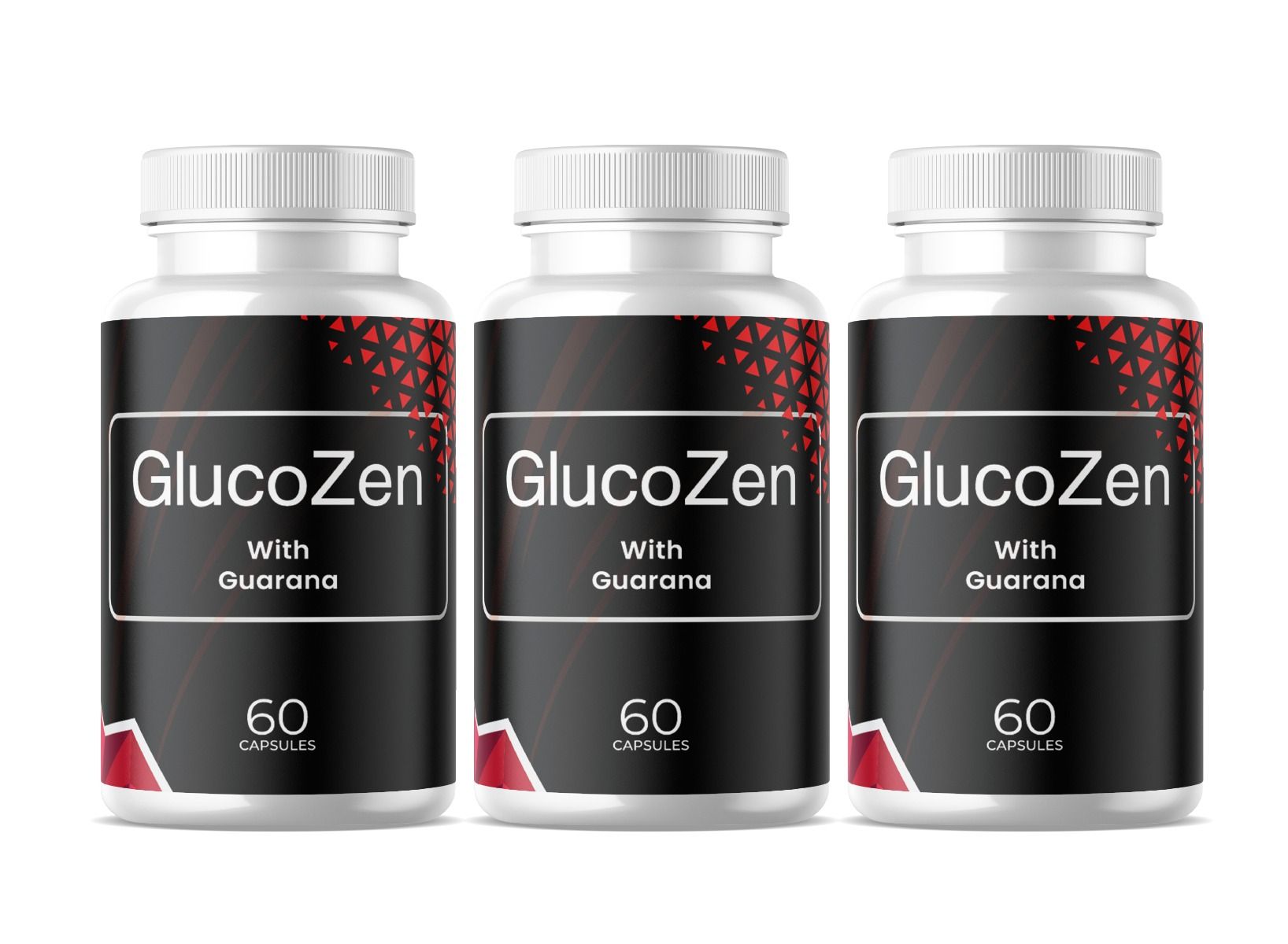 Drei weiße Flaschen mit schwarzem Etikett. Aufschrift: GlucoZen, With Guarana, 60 Capsules.