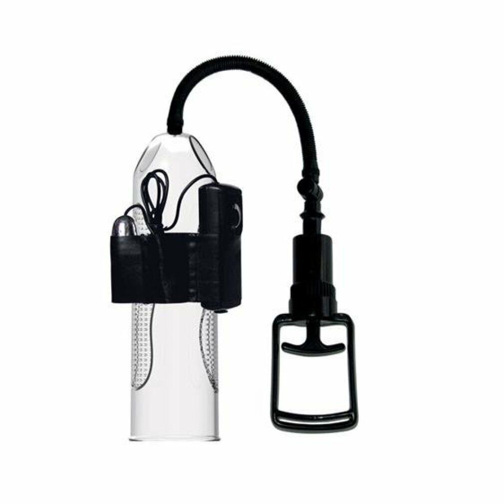 Penispumpe mit Zylinder, Manschette und Handpumpe. Vibrationsmodul am Zylinder befestigt.
