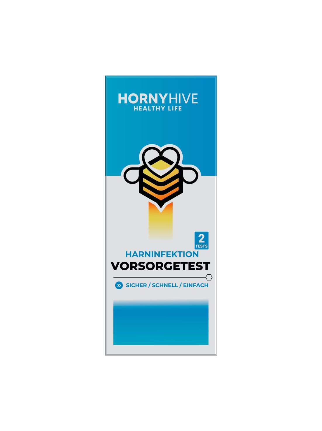 Horny Hive Harninfektion Vorsorgetest Verpackung. Blaue und weiße Schachtel mit Logo und Produktnamen. Enthält 2 Tests.