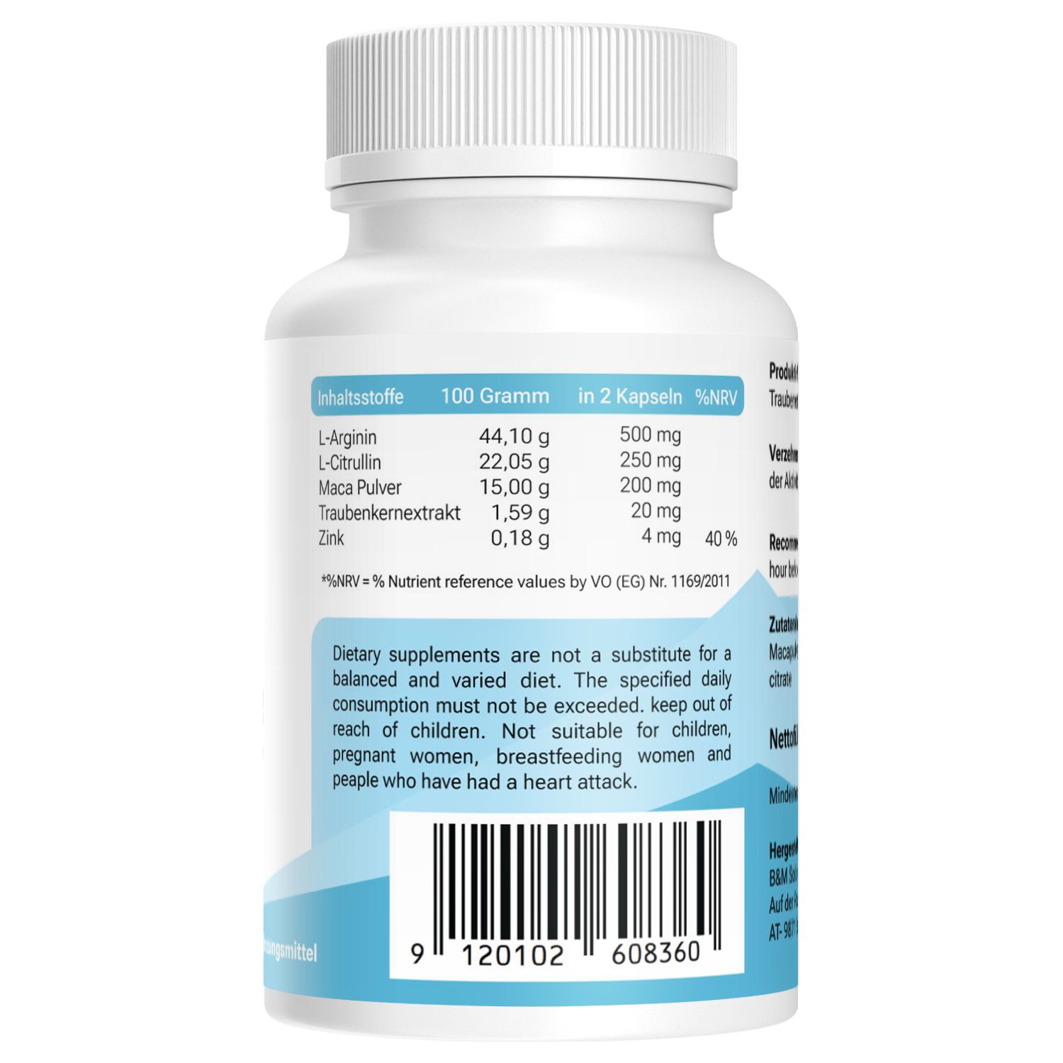 Weiße Kapsel-Dose mit blauem Etikett. Text: Inhaltsstoffe, Nährwertangaben, Barcode, Warnhinweise.