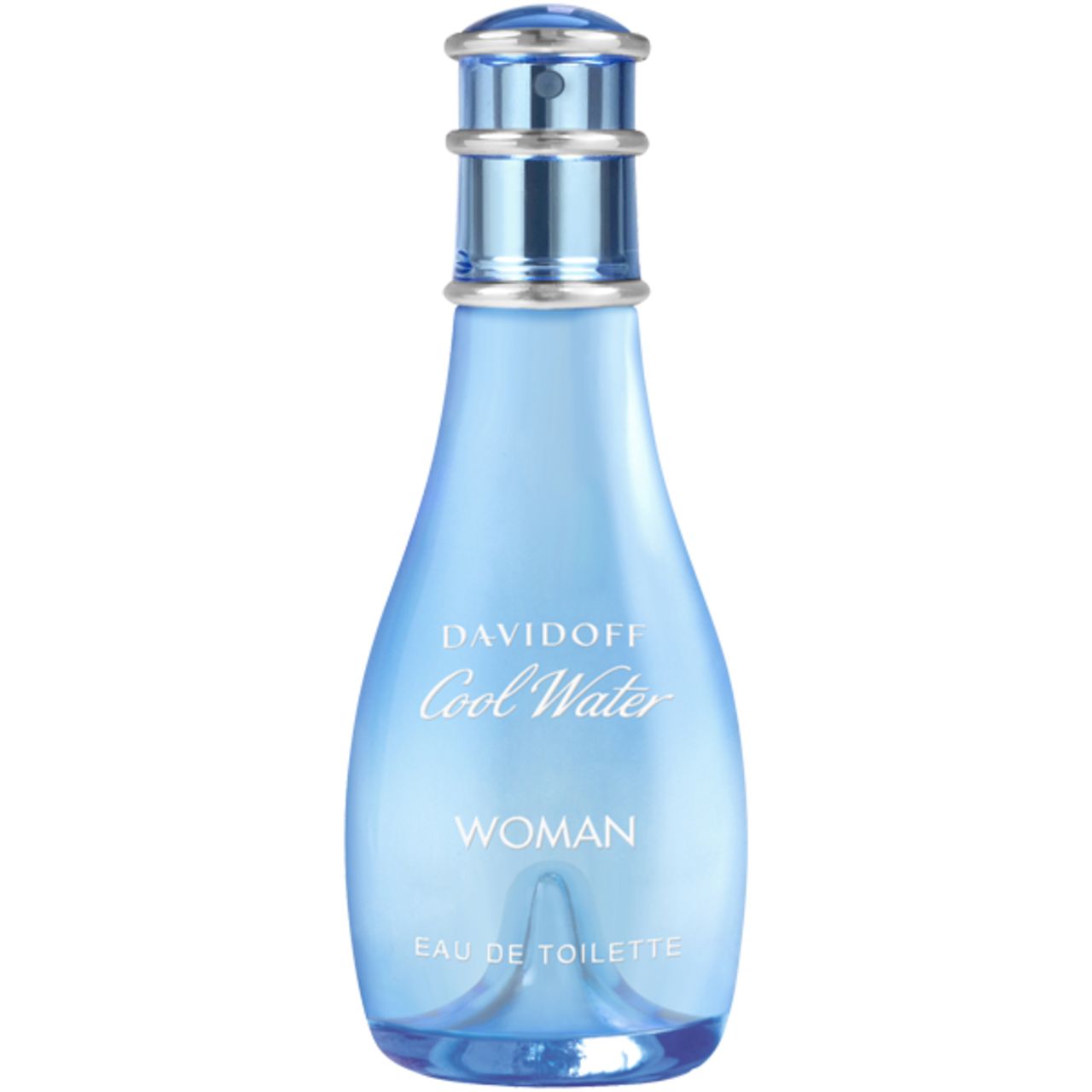 Hellblaue Flasche. Aufschrift: DAVIDOFF Cool Water WOMAN. Flasche mit Zerstäuber. Blaues Glas.
