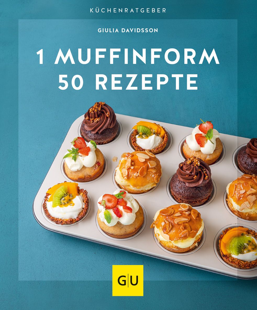 Buchcover mit Titel "1 Muffinform 50 Rezepte" und Autorin Giulia Davidsson. Gezeigt werden Muffins in einer Form.