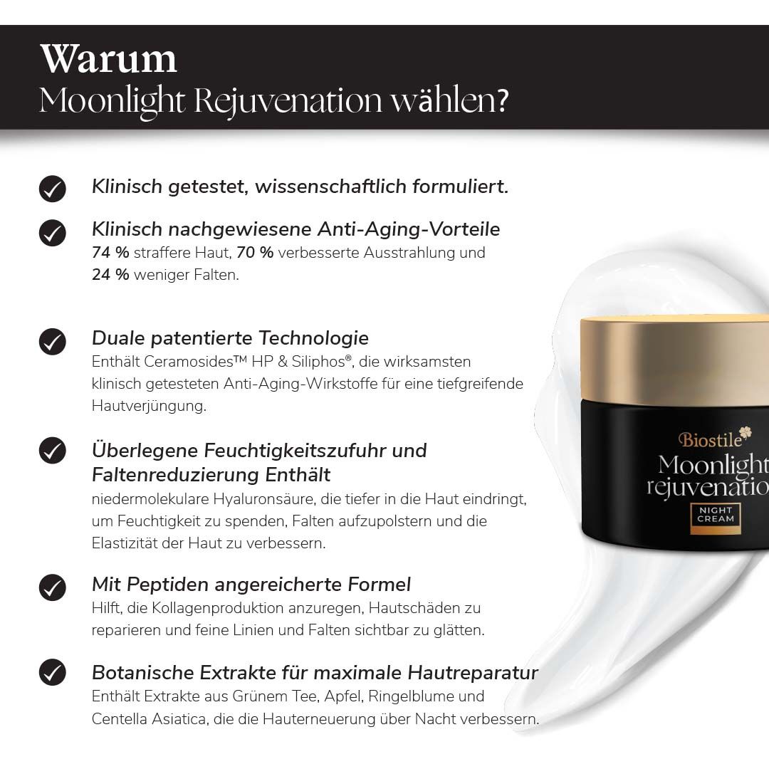 Produkt und Text. Warum Moonlight Rejuvanation wählen? Klinisch getestet, wissenschaftlich formuliert.