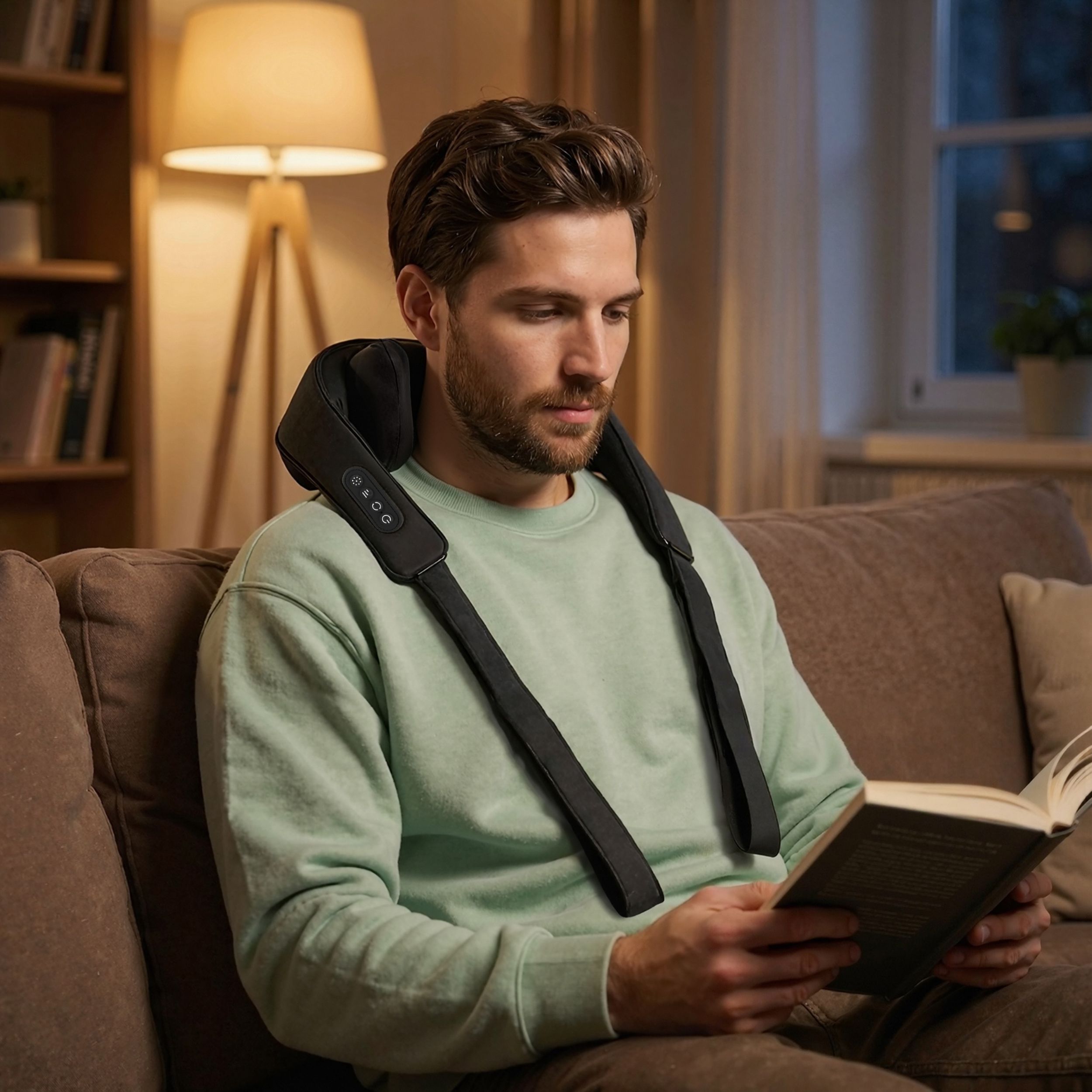 Mann auf dem Sofa mit Nackenmassagegerät. Er liest ein Buch.