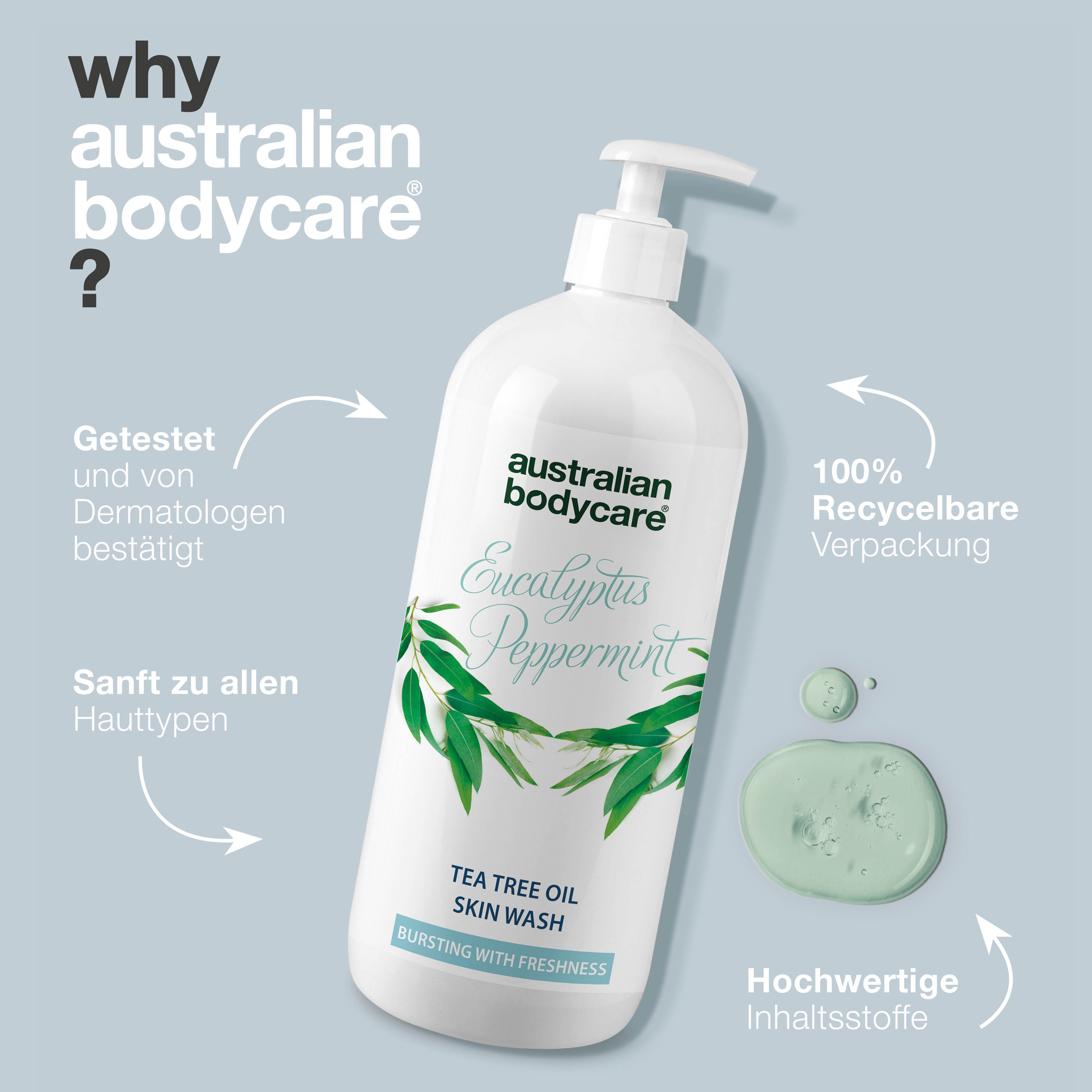 Flasche mit Pumpe. Text: Australian Bodycare, Getestet und von Dermatologen bestätigt. 100% recycelbare Verpackung.