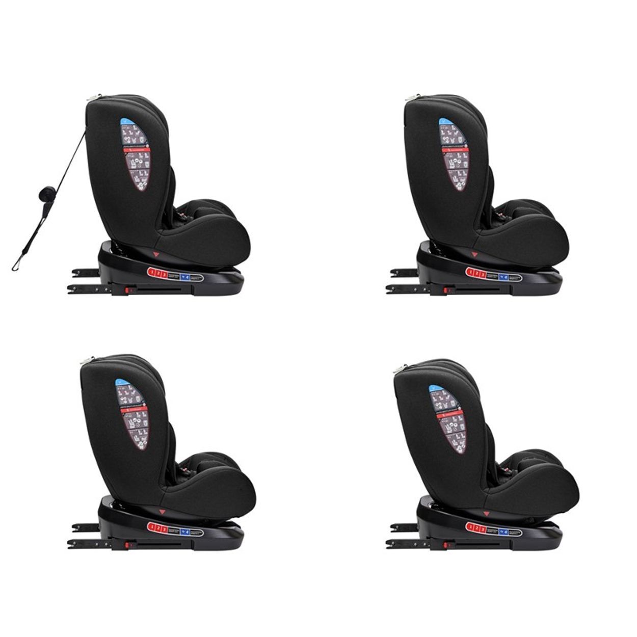 Seitenansicht eines schwarzen Kindersitzes mit Isofix-Basis und Gurtführung.