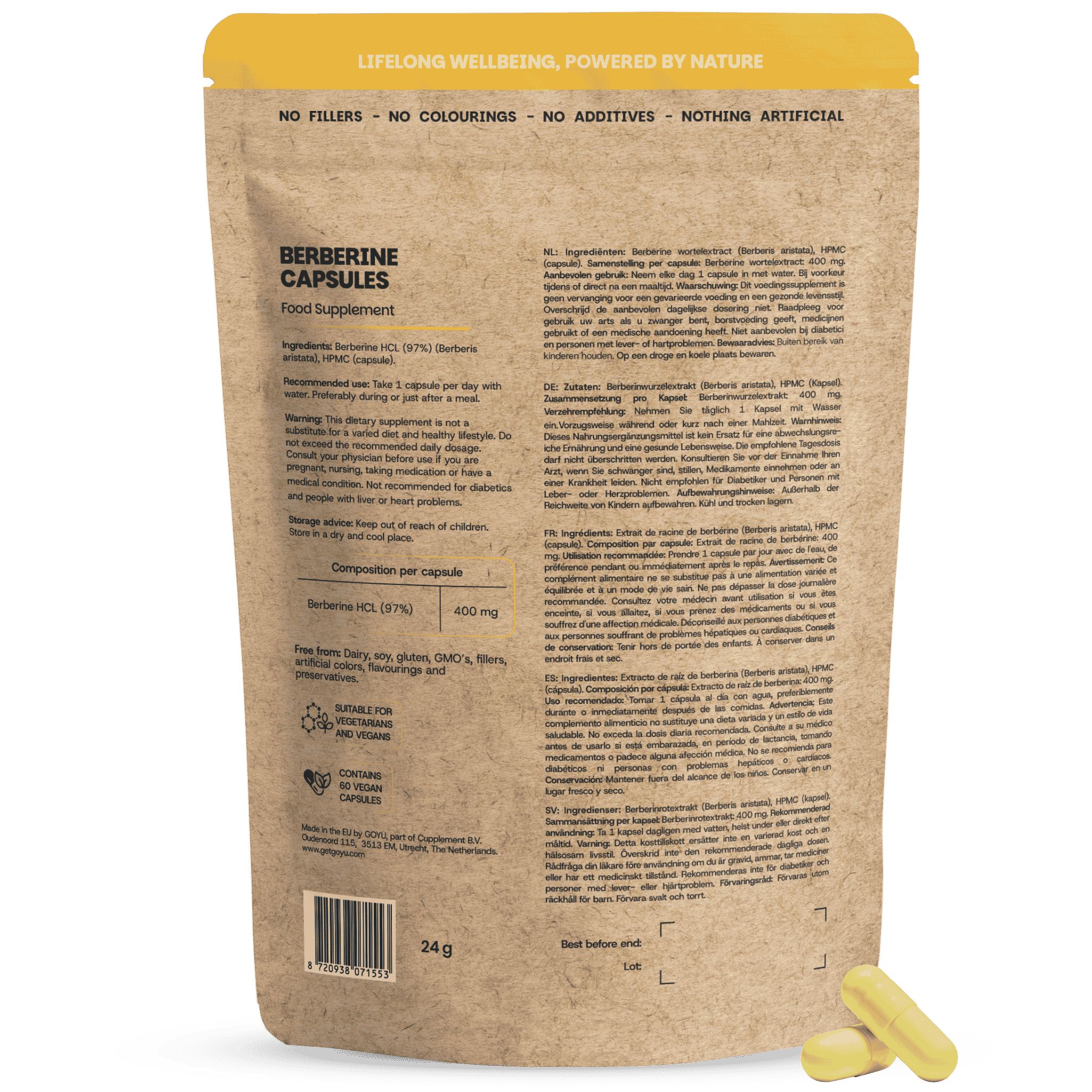 Rückseite einer GOYU Berberin Kapsel-Packung mit detaillierten Informationen und Inhaltsstoffen.