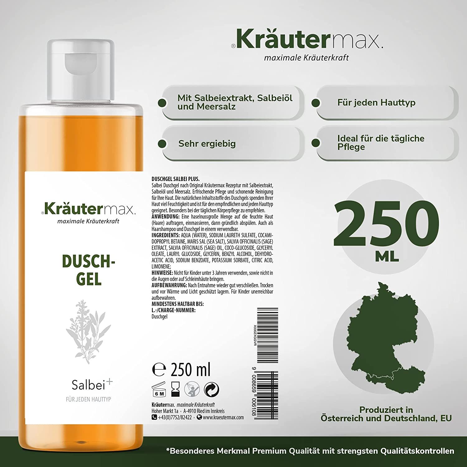 Kräutermax Duschgel Salbei plus, 250 ml Flasche. Etikett mit Produktinformationen, Inhaltsstoffen und Produktionsangaben. Karte von Deutschland und Österreich.