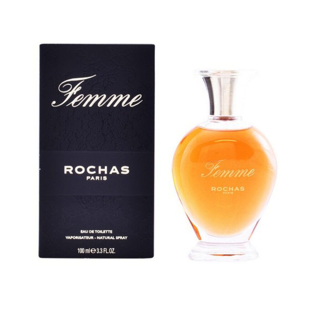 Parfümflasche und Schachtel. Flasche mit brauner Flüssigkeit. Schachtel mit "Femme" und "ROCHAS" Schriftzug.