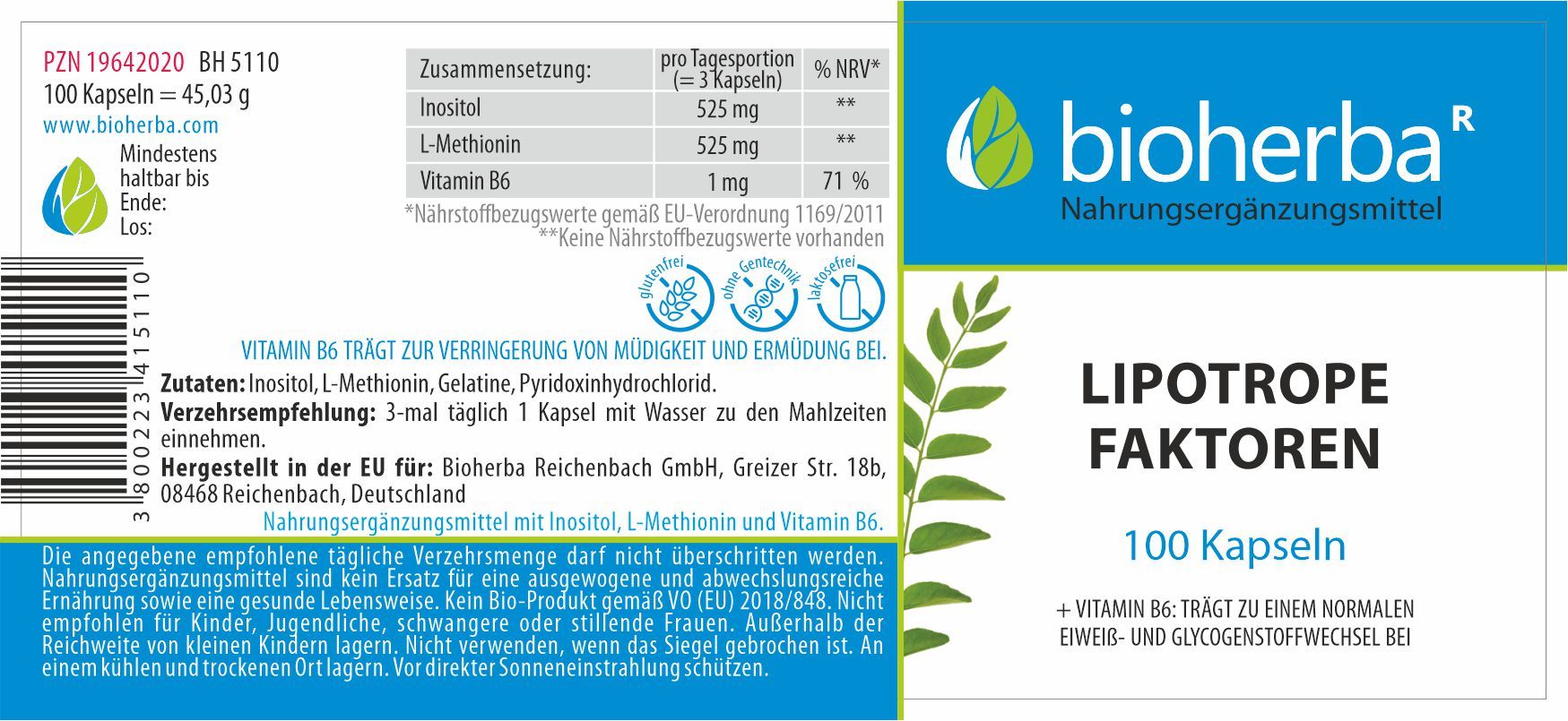 Etikett mit "Bioherba", "Lipotrope Faktoren 100 Kapseln" und Inhaltsstoffangaben. Text in Deutsch.
