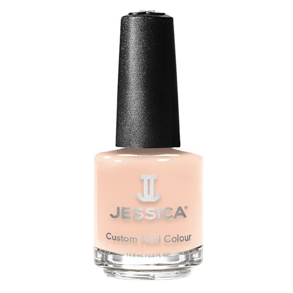 Nagellackflasche mit schwarzem Deckel. Aufschrift: JESSICA Custom Nail Colour. Inhalt: 14,8 ml / 0,5 fl oz. Farbe: Hellrosa.