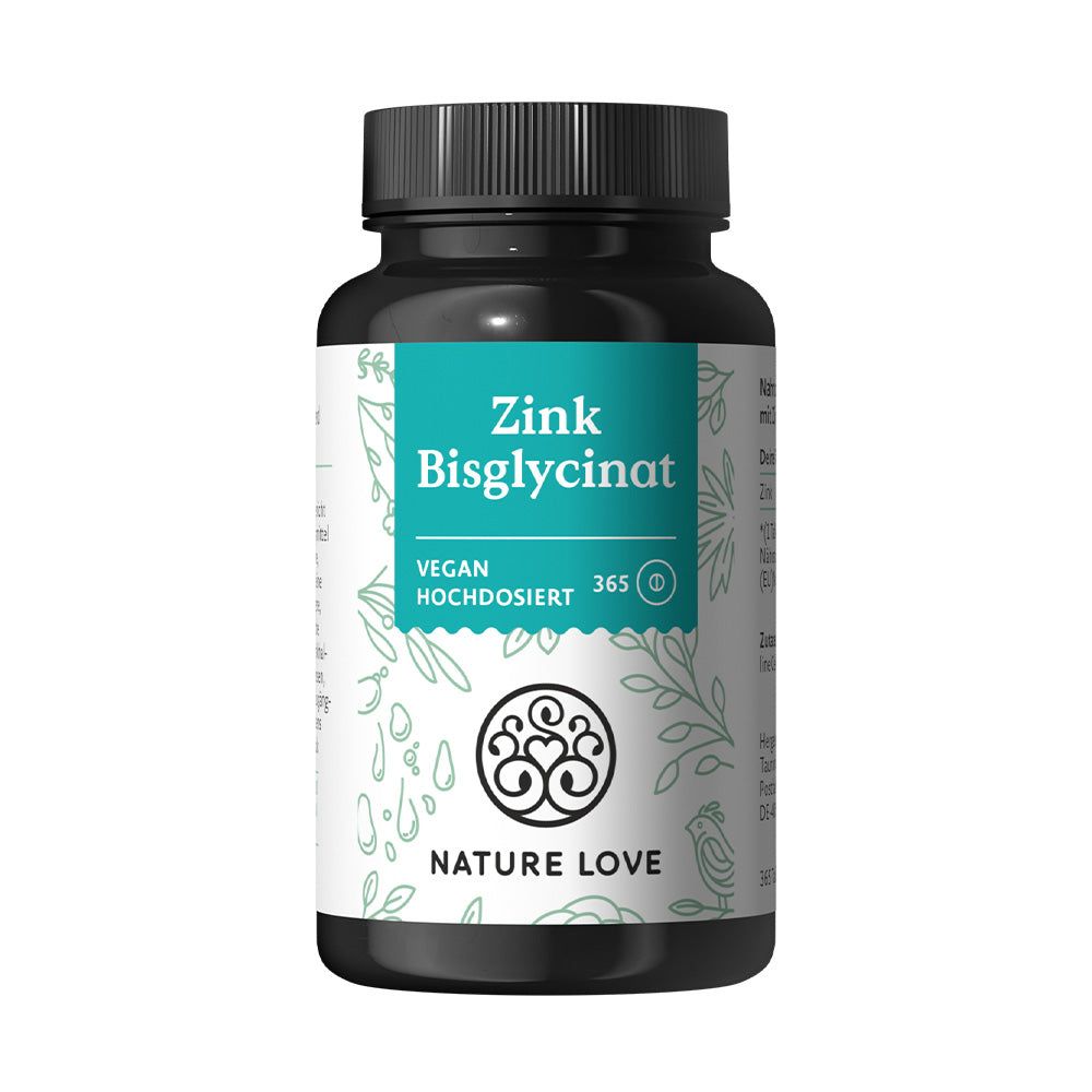 Dunkle Flasche mit weißem Etikett. Aufschrift: Zink Bisglycinat, vegan, hochdosiert. Logo: NATURE LOVE®.