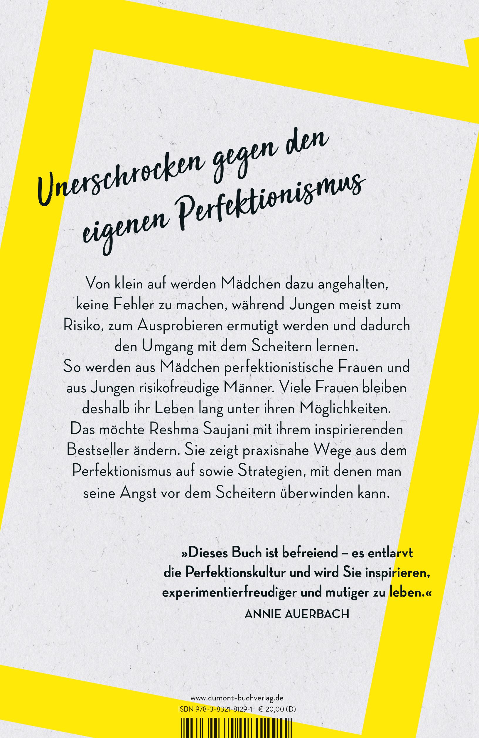 Buchrückseite mit Text "Unerschrocken gegen den eigenen Perfektionismus". Gelber Rahmen, Text in Schwarz auf hellem Hintergrund.