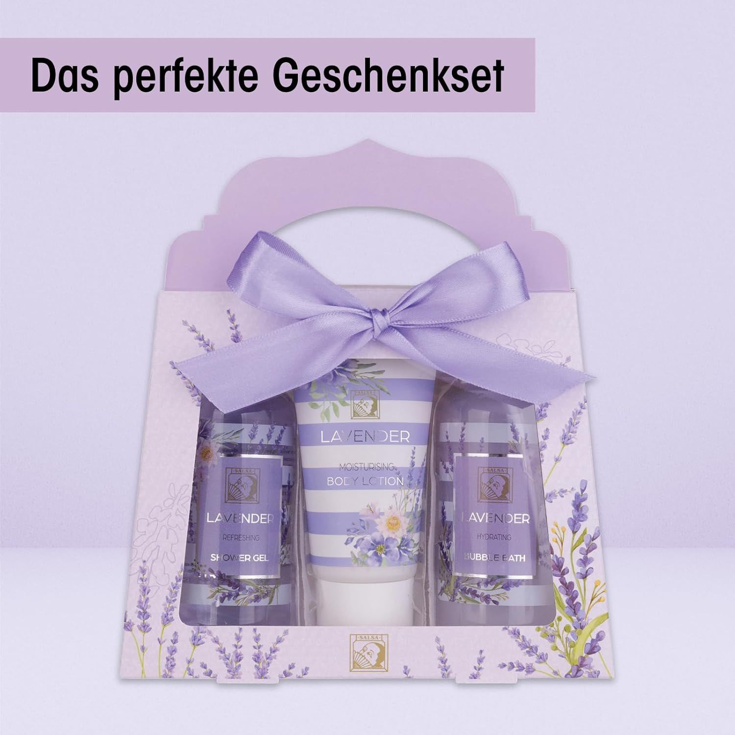 Geschenkset mit Duschgel, Schaumbad und Bodylotion in einer lila Geschenkbox. Text: Das perfekte Geschenkset.
