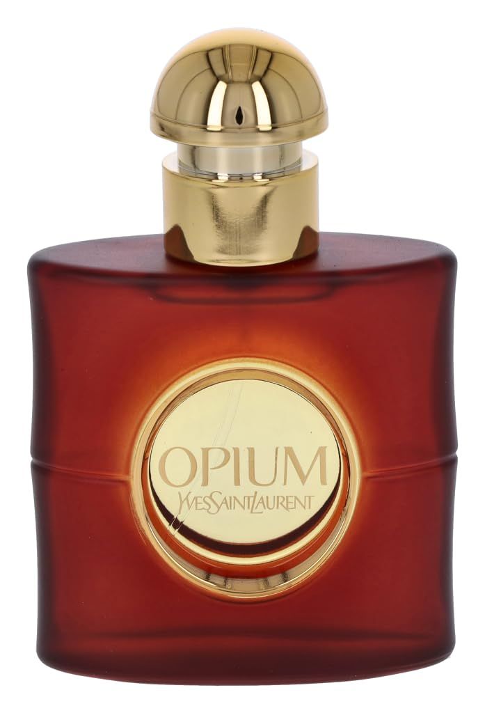 Roter Flakon mit goldfarbenem Verschluss. Aufschrift "Opium Yves Saint Laurent" auf rundem Etikett.