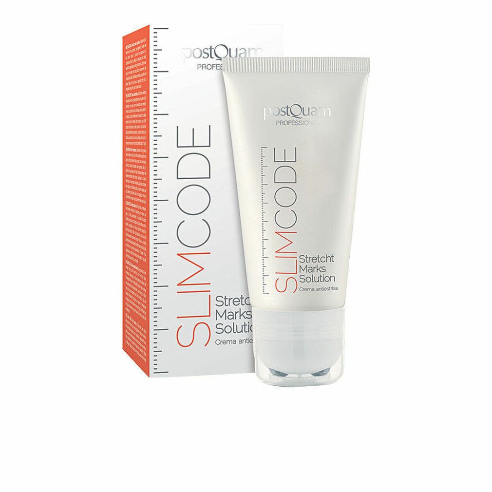 Weiße Tube und Schachtel mit roter Aufschrift SLIMCODE und Stretch Marks Solution. Marke Postquam.