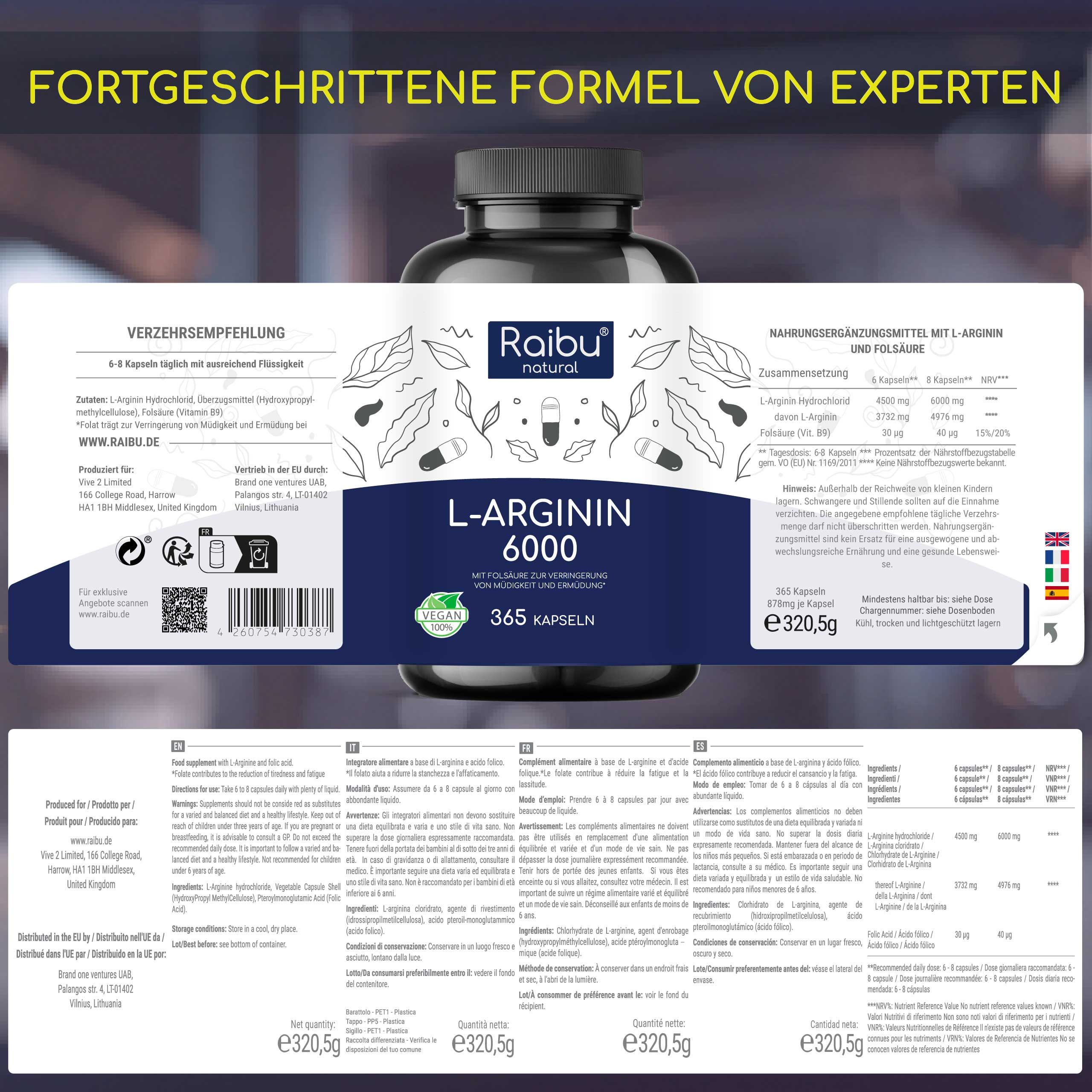 Produkt mit Text und Icons. Aufschrift: Raibu natural, L-Arginin 6000, 365 Kapseln. Vegan, hergestellt in Deutschland.