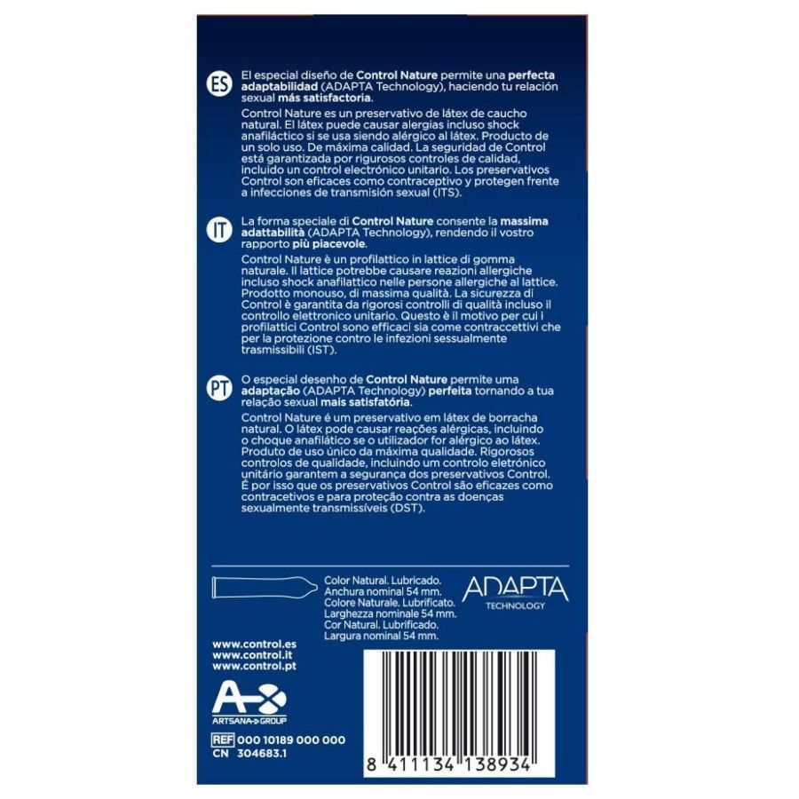 Control Nature Kondom-Packung, 24 Stück. Blaue Box mit Logo und dem Slogan 'Feel make feel'.