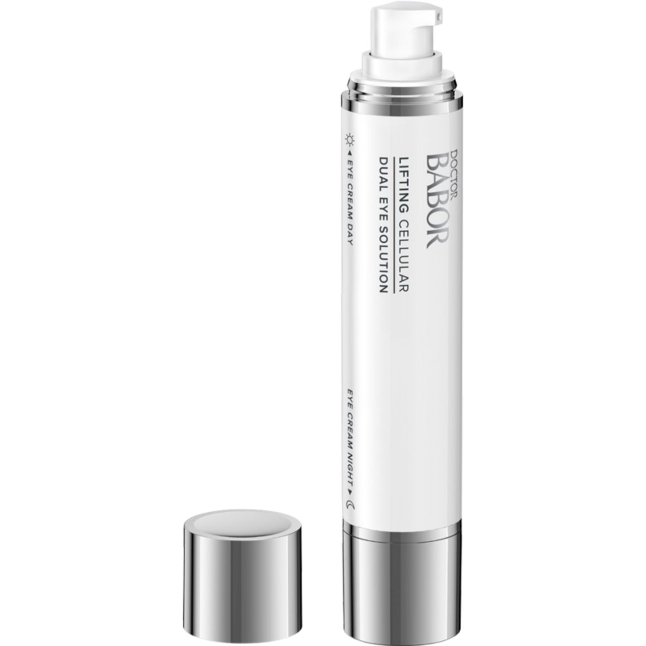 Babor Lifting Cellular Dual Eye Solution. Weiße Flasche mit silbernen Akzenten und Spender. Deckel daneben.