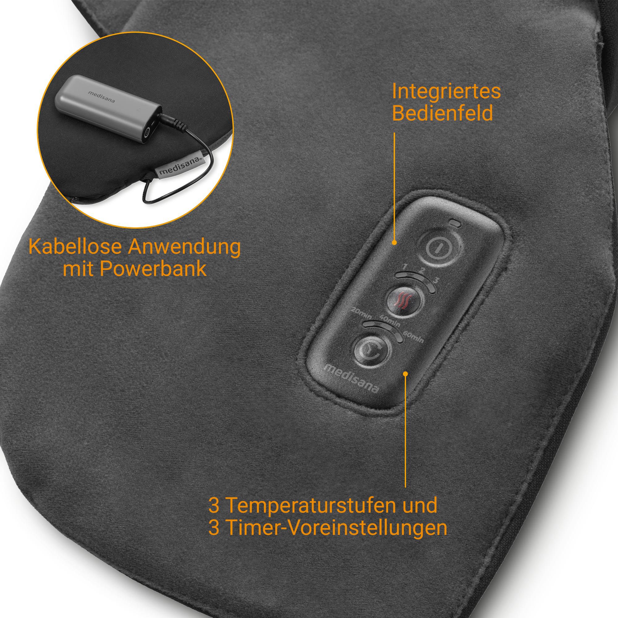 Nahaufnahme des Bedienfelds eines schwarzen Wärmeschals mit 3 Temperaturstufen.
