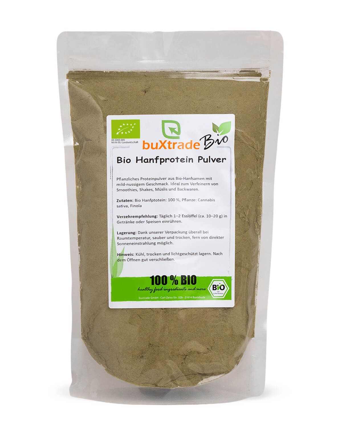Buxtrade Bio Hanfprotein Pulver in transparenter Standverpackung mit Etikett.