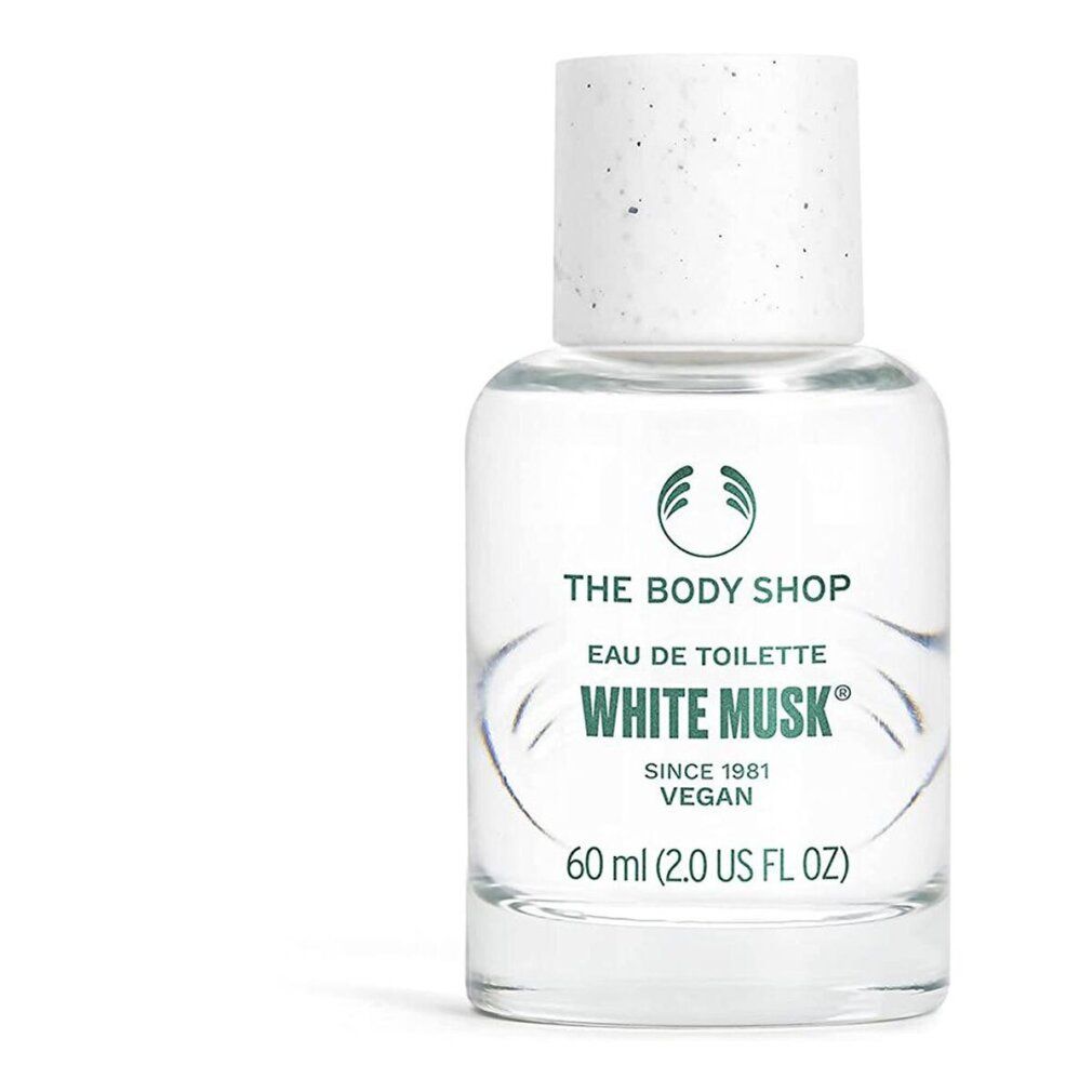 Klarer Glasflakon mit weißem Deckel. Aufschrift "THE BODY SHOP", "WHITE MUSK", "60 ml".