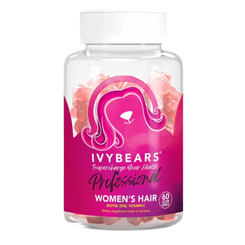 Klare Flasche mit rosa Gummibärchen. Aufschrift: IVYBEARS Professional Women's Hair. Enthält Biotin, Zink und Vitamine.