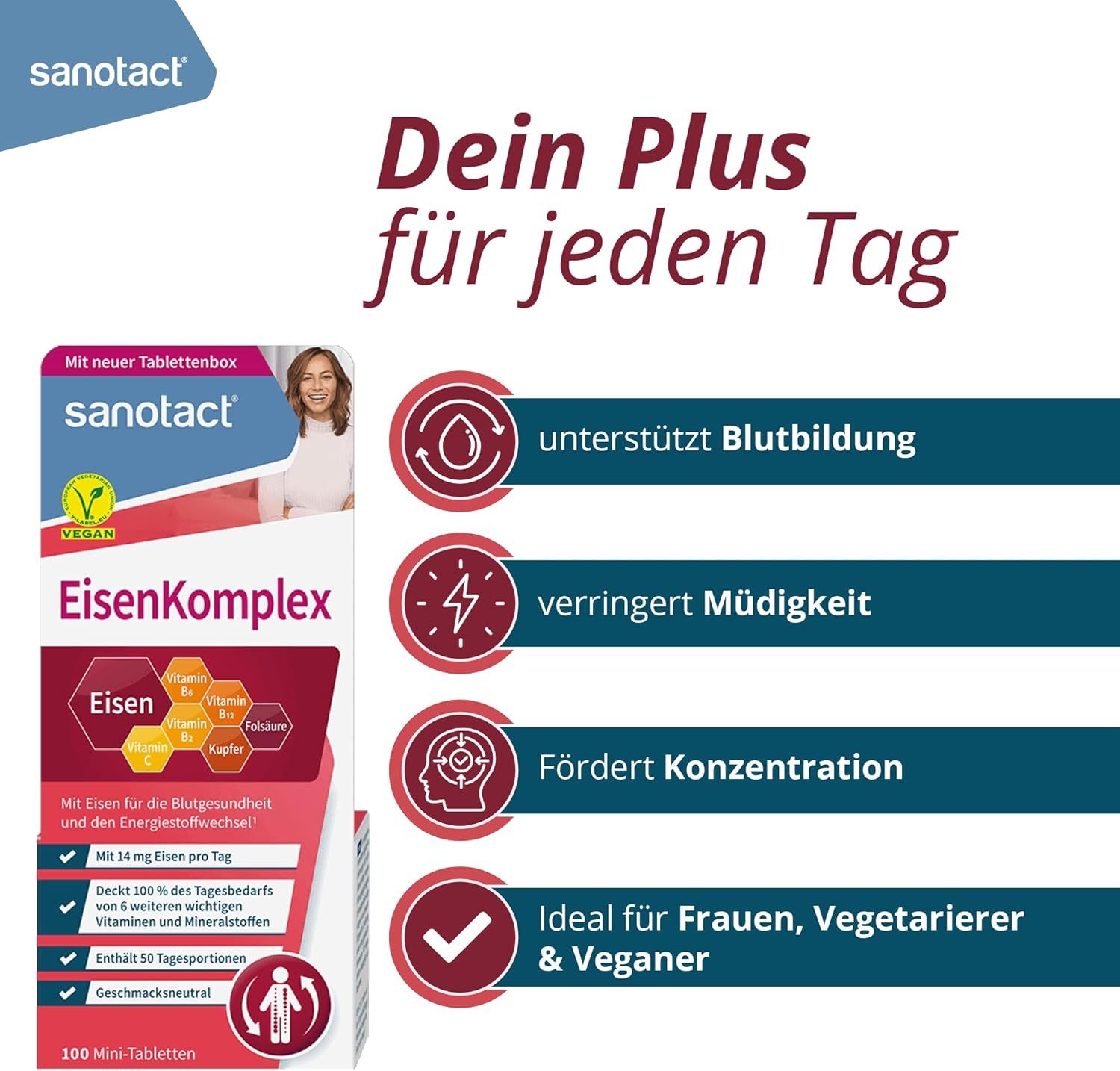 sanotact EisenKomplex-Packung. Text: Dein Plus für jeden Tag. Unterstützt Blutbildung, verringert Müdigkeit, fördert Konzentration. Ideal für Frauen, Vegetarier & Veganer.
