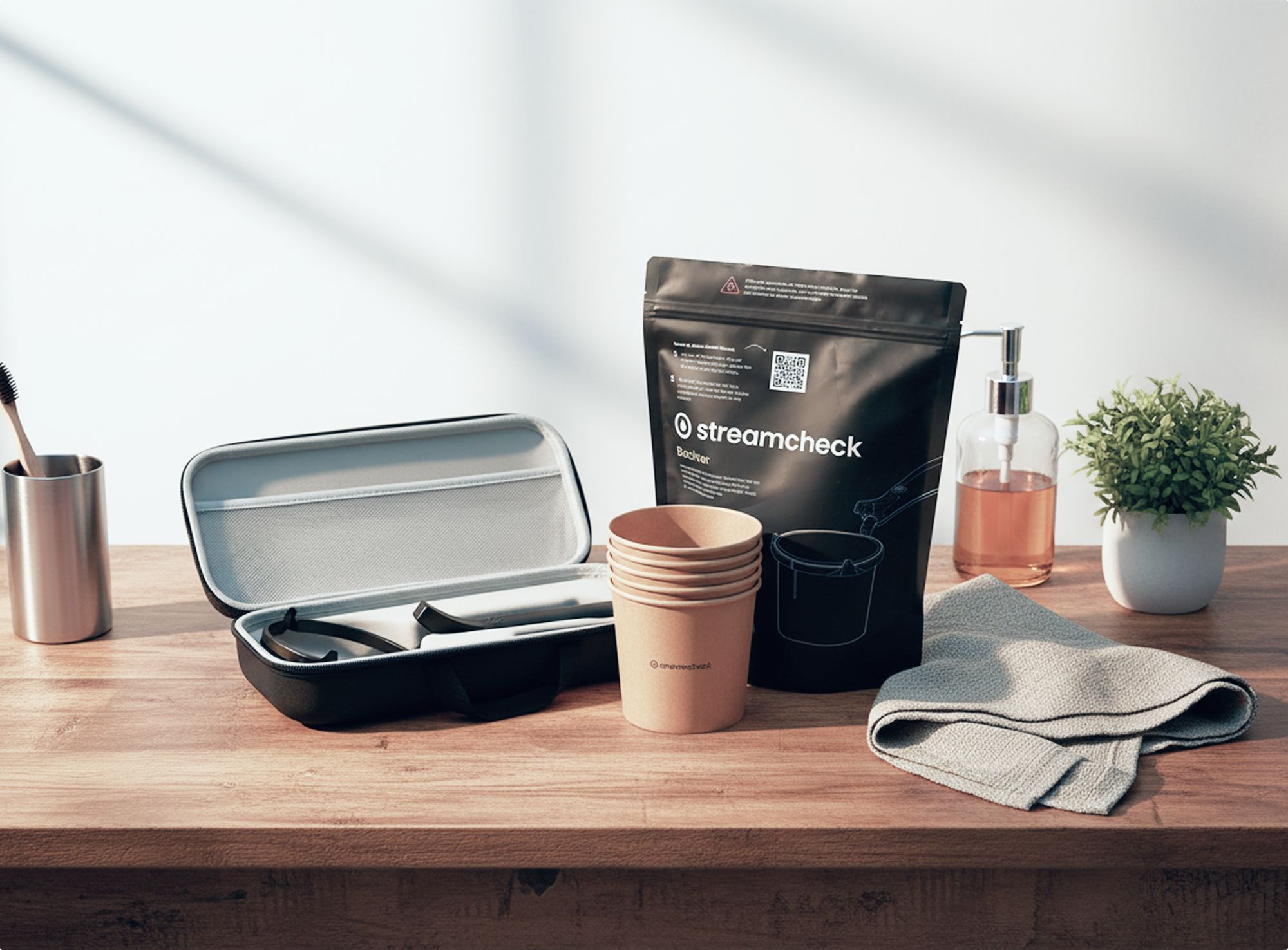 Produkt-Set auf Tisch. Etui, Gerät, Becher, Beutel, Seife, Handtuch, Flasche. Beutel mit Logo.