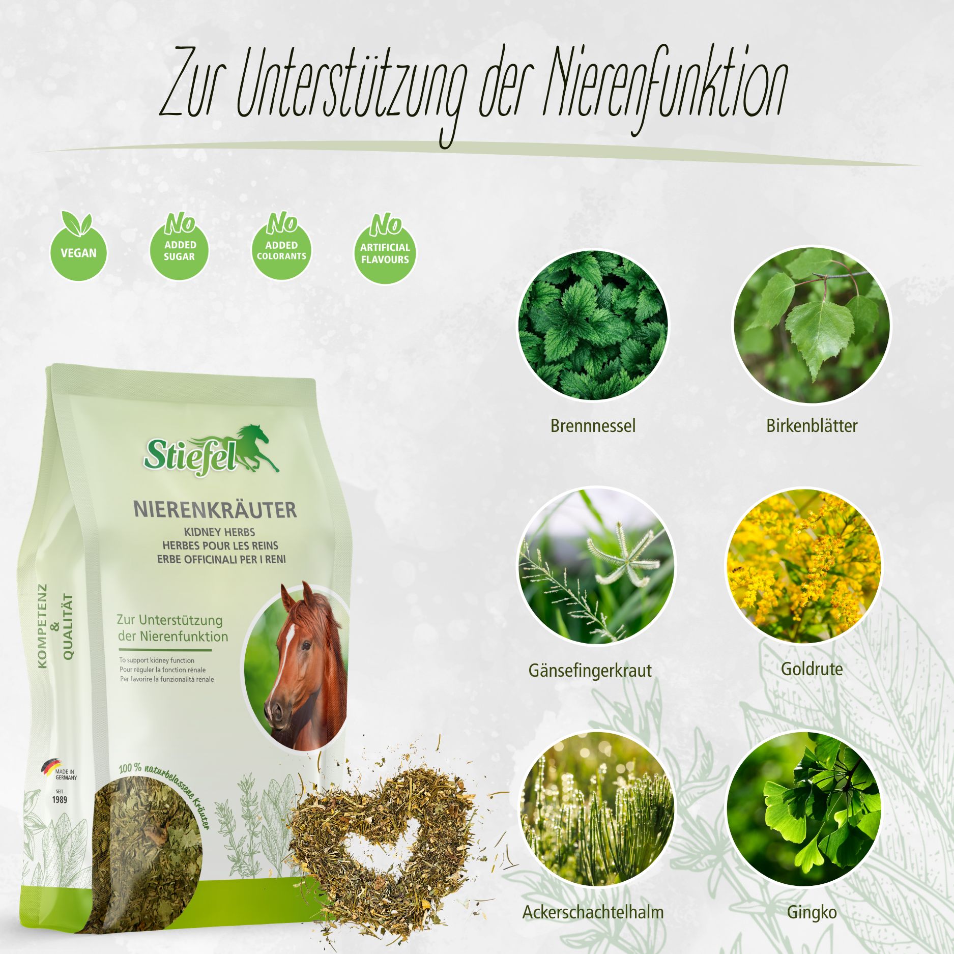 Beutel mit Stiefel Nierenkräuter. Aufschrift: Kidney Herbs. Abbildung von Kräutern und einem Pferd. Vegan, zuckerfrei, ohne Zusatzstoffe, ohne künstliche Aromen.