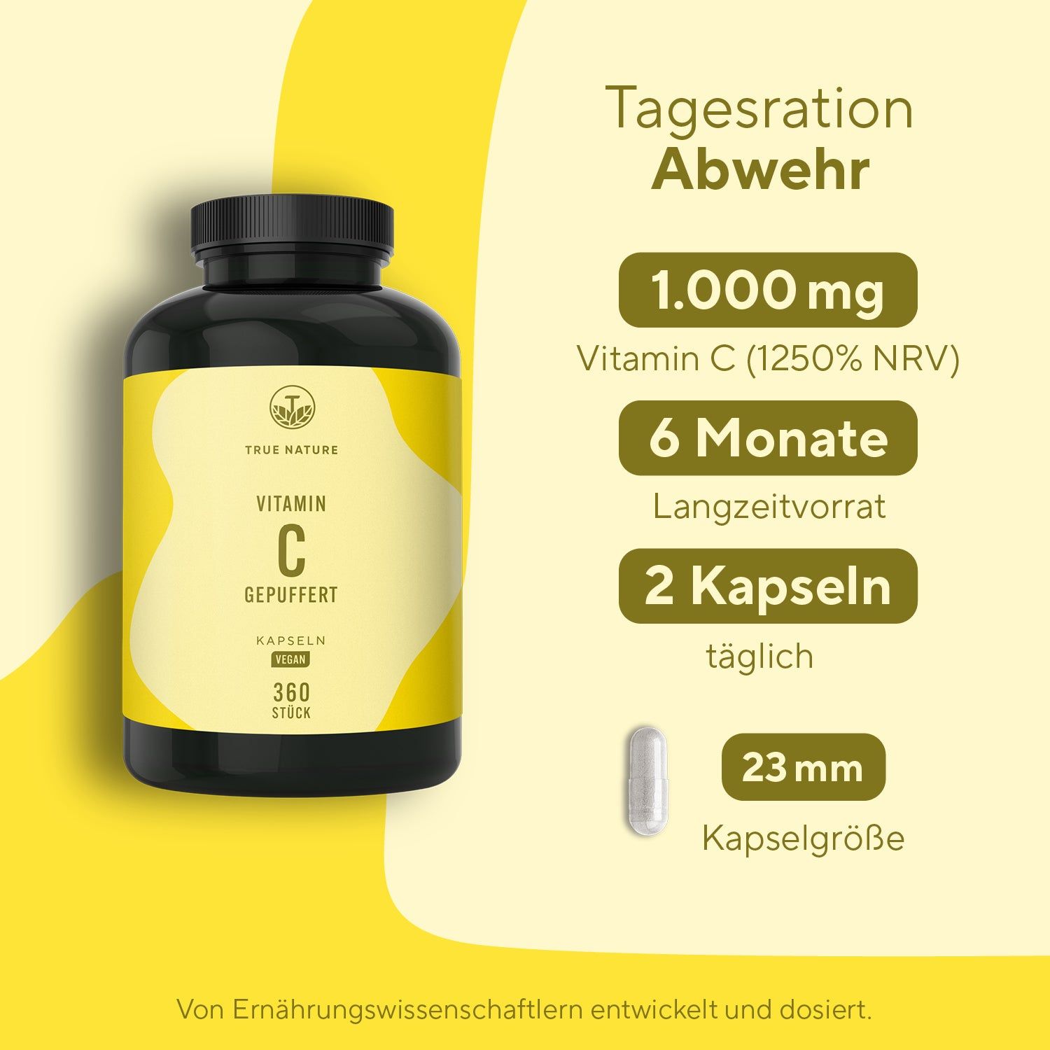 Produktflasche neben Infografik. Infografik zeigt: 1.000 mg Vitamin C, 6 Monate Vorrat, 2 Kapseln täglich, Kapselgröße 23 mm.