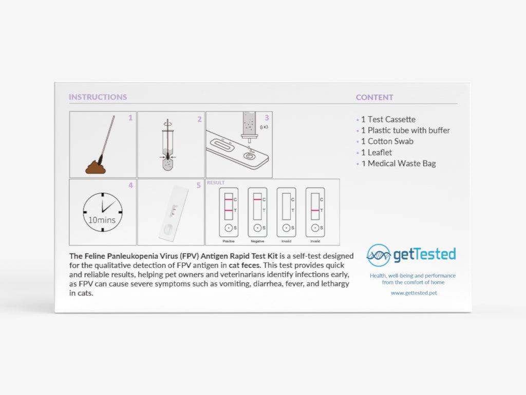 Verpackung mit Abbildung der Testschritte. Enthält Testkassette, Röhrchen, Wattestäbchen, Beipackzettel und medizinischen Abfallbeutel.