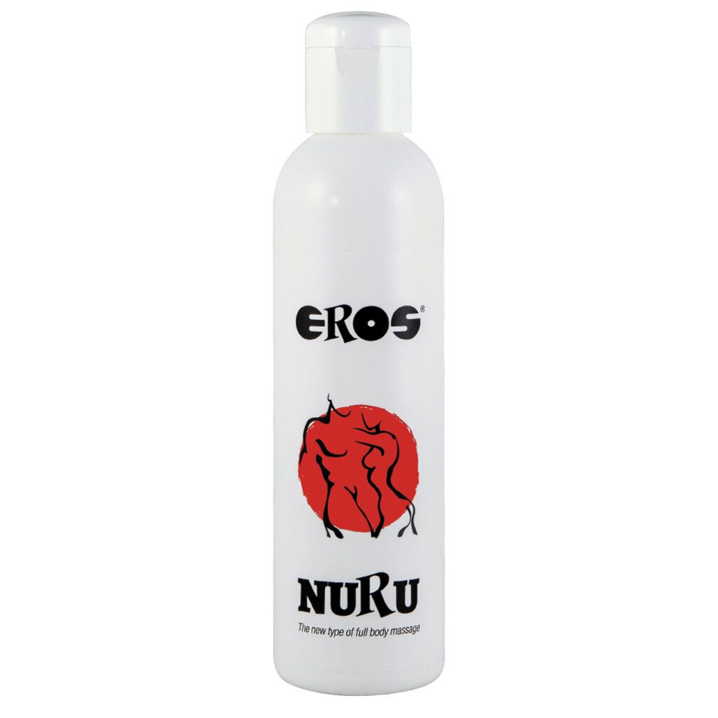 Weiße Flasche mit Klappverschluss. Aufdruck: "EROS" und "NURU" mit roter Abbildung. Text: "The new type of full body massage".