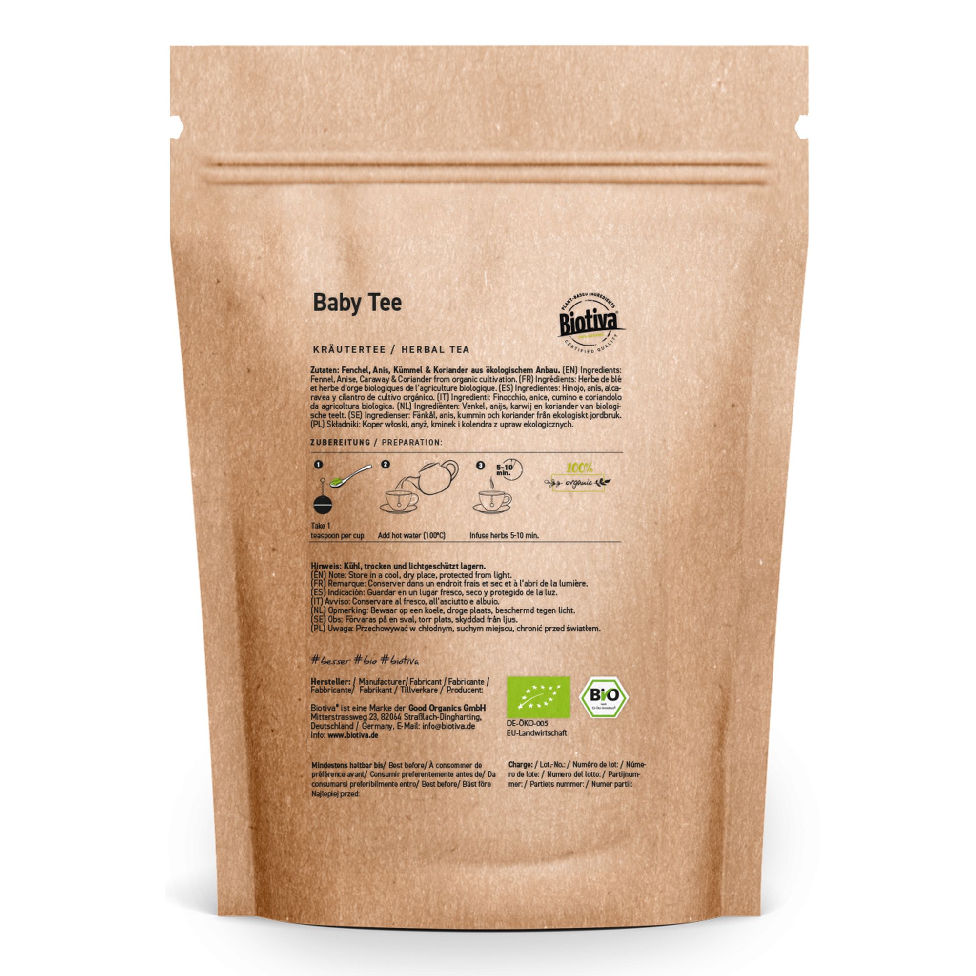 Braune Papierverpackung mit Biotiva Baby Tee. Text: Baby Tee, Kräutermischung, Bio-Siegel. Rückseite mit Zubereitungshinweisen.